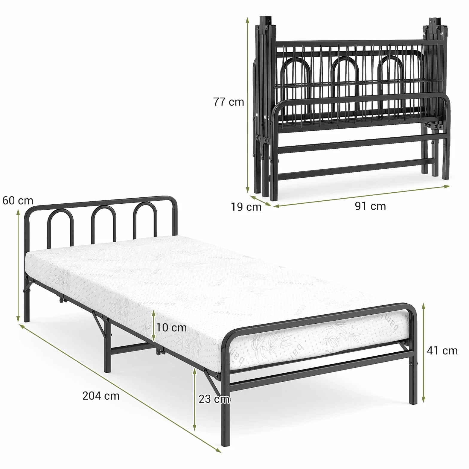 GIANTEX Łóżko składane 90 x 200 cm, dla dorosłych, łóżko dla gości, metalowa rama łóżka z materacem i stelażem, pojedyncze łóżko z zagłówkiem, składana rama łóżka z platformą, do domu, biura