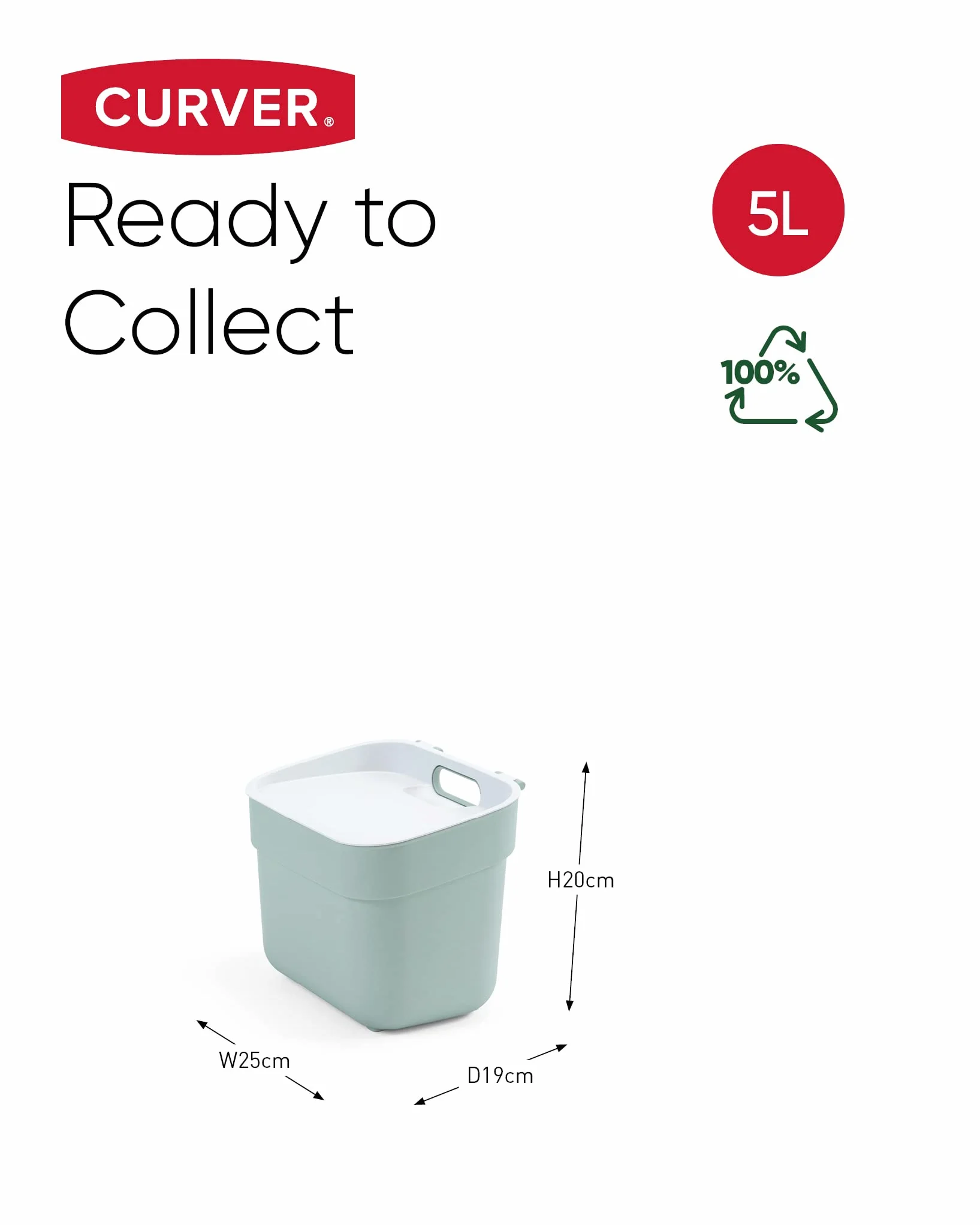 CURVER Kosz na śmieci 5 l "Ready To Collect" - nadaje się do kompostu - z uchwytem ściennym lub drzwiowym - kuchnia, łazienka, pralnia - 100% recykling - zielony