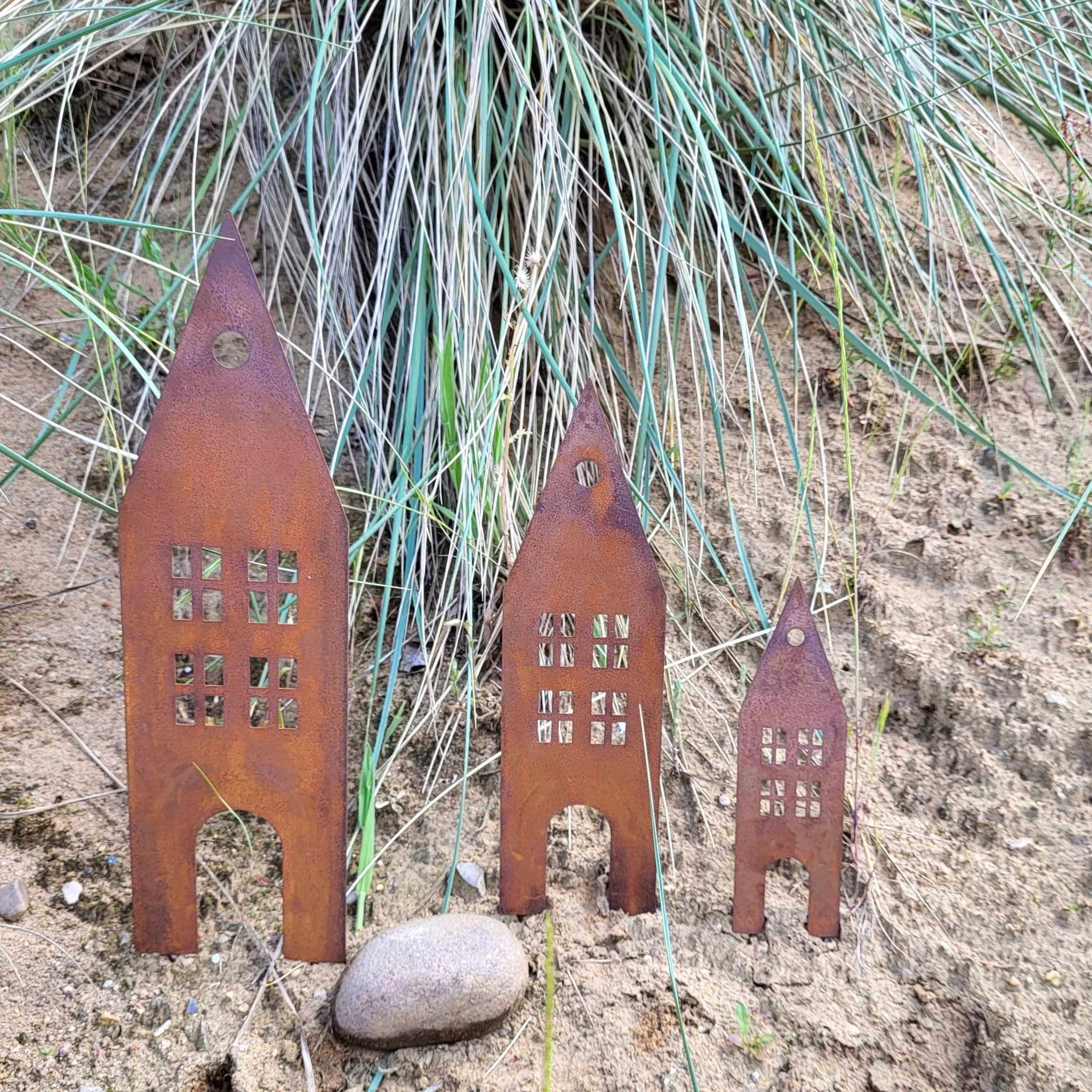 Storm's Gartenzaubereien Dekoracja - domek do wtykania w stylu rdzy, zestaw 3 sztuk, metal, nowoczesny, brązowy, zielony