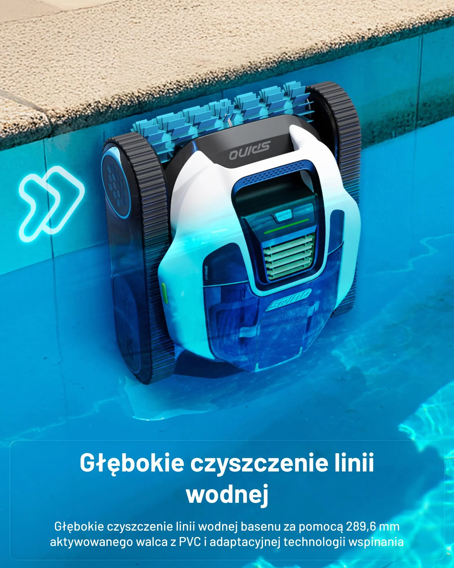 Bezprzewodowy robot basenowy SPINO E1, czas pracy 210 minut, wydajność 21950 l/h, 5 trybów pracy robota basenowego, czyszczenie ścian i linii wodnej, sterowanie aplikacją, ścieżka SmartArc