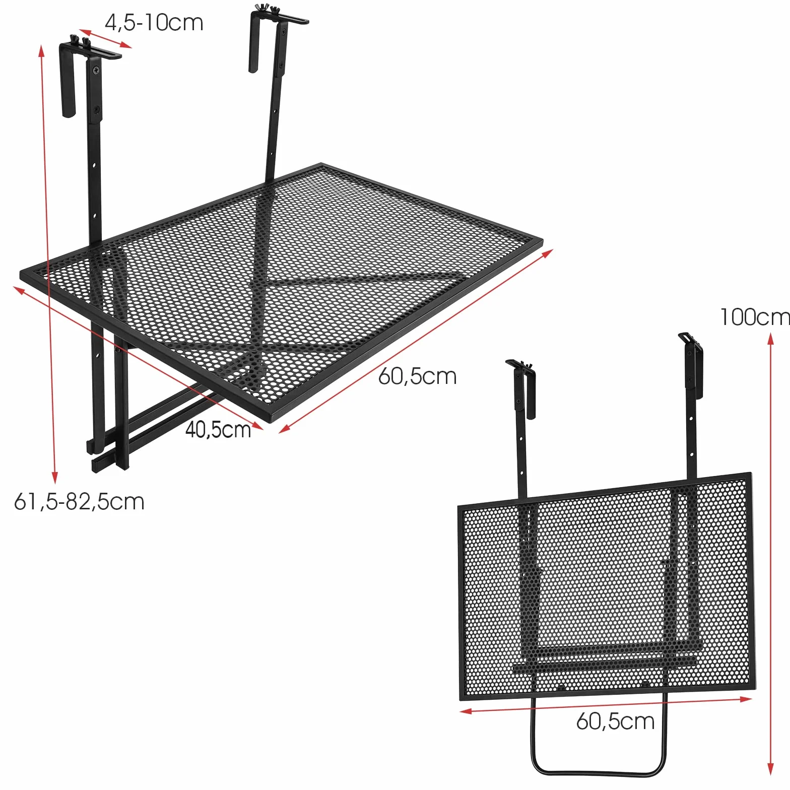 COSTWAY Składany stół balkonowy, wiszący, 5-stopniowa regulacja wysokości, z metalu, prostokątny, nośność 20 kg, 60,5 x 40,5 cm
