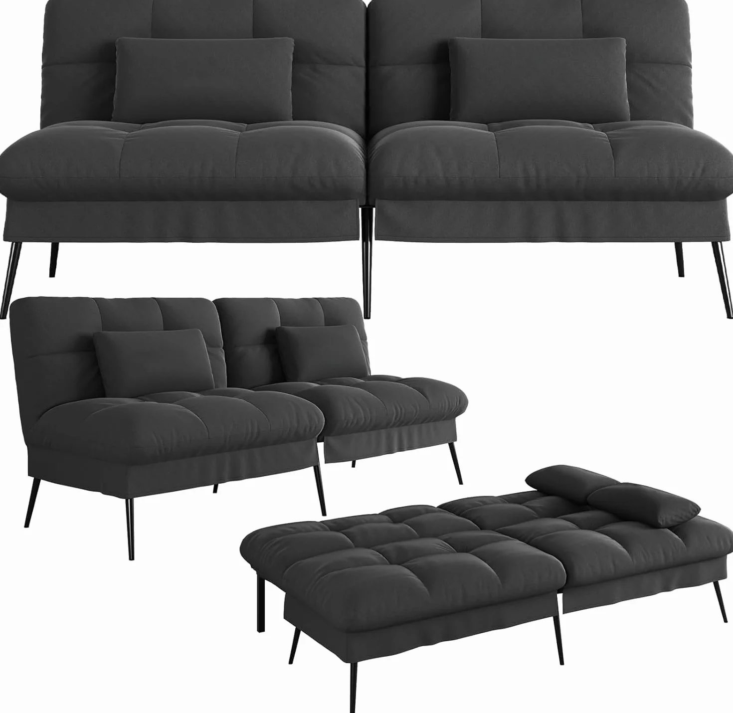 COMHOMA Sofa rozkładana z funkcją spania – narzuta futon – sofa narożna – 3-osobowa sofa dla gości – z regulowanym oparciem z tkaniny, czarna