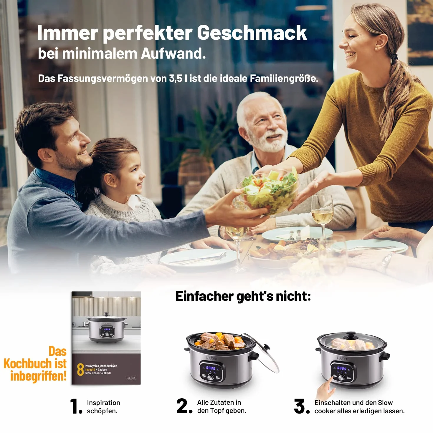 Lauben Slow Cooker 3500SB wolnowar z technologią Thermeffect®, technologia SlowHeat®, książka kucharska, pojemnik wewnętrzny z ceramiki, dwa poziomy temperatury, ręczne ustawienie czasu, 3,5 l