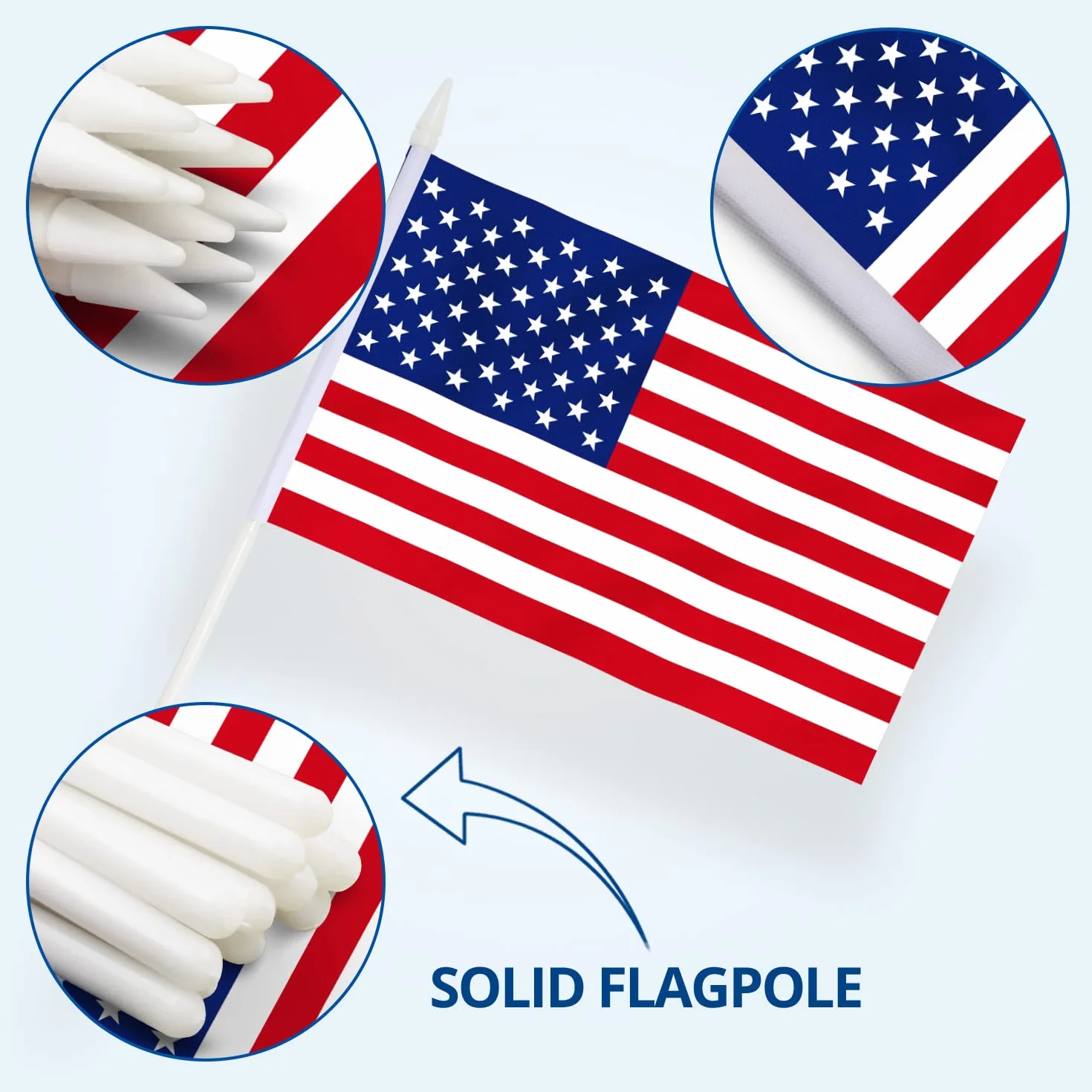 Anley American US 5x8 "HandHeld Mini Flag z 12" White Solid Pole - Flaga USA, żywy kolor i odporność na światło - Stany Zjednoczone Ręczne flagi 5 x 8 cali