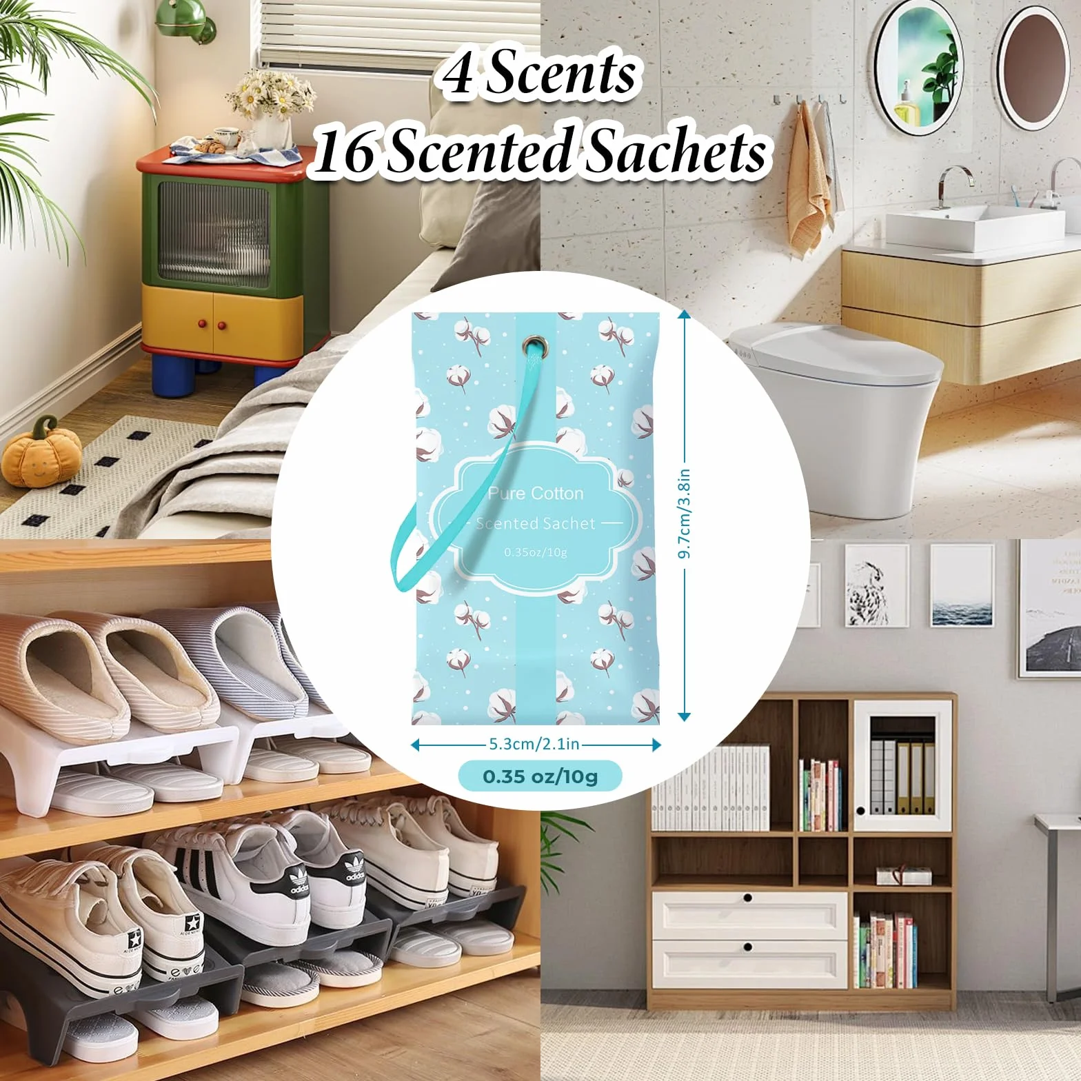 SCENTORINI Worki zapachowe do szuflad, szafek, łazienek itp. 10 g x 16 saszetek, 4 zapachy, len, bawełna, szałwia eukaliptus, wanilia