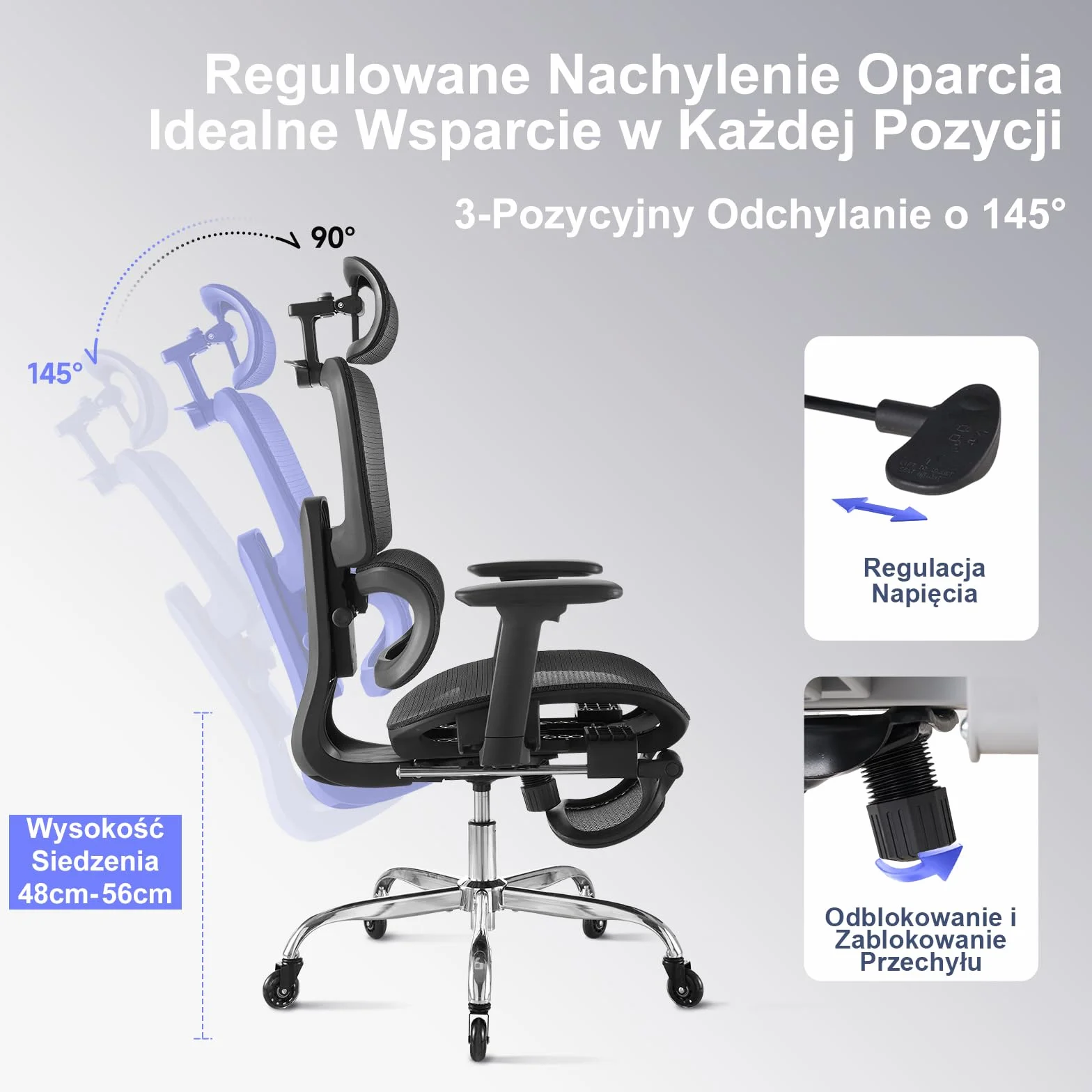 LarkLeaves Ergonomiczne Krzesło Biurowe z Podnóżkiem, 5-Stopniowe Regulowane Oparcie, 2D Podparcie Lędźwiowe, 3D Podłokietniki, Siatka z Poduszką na Szyję i Gumowe Kółka, Odchylenie 145°, Czarne