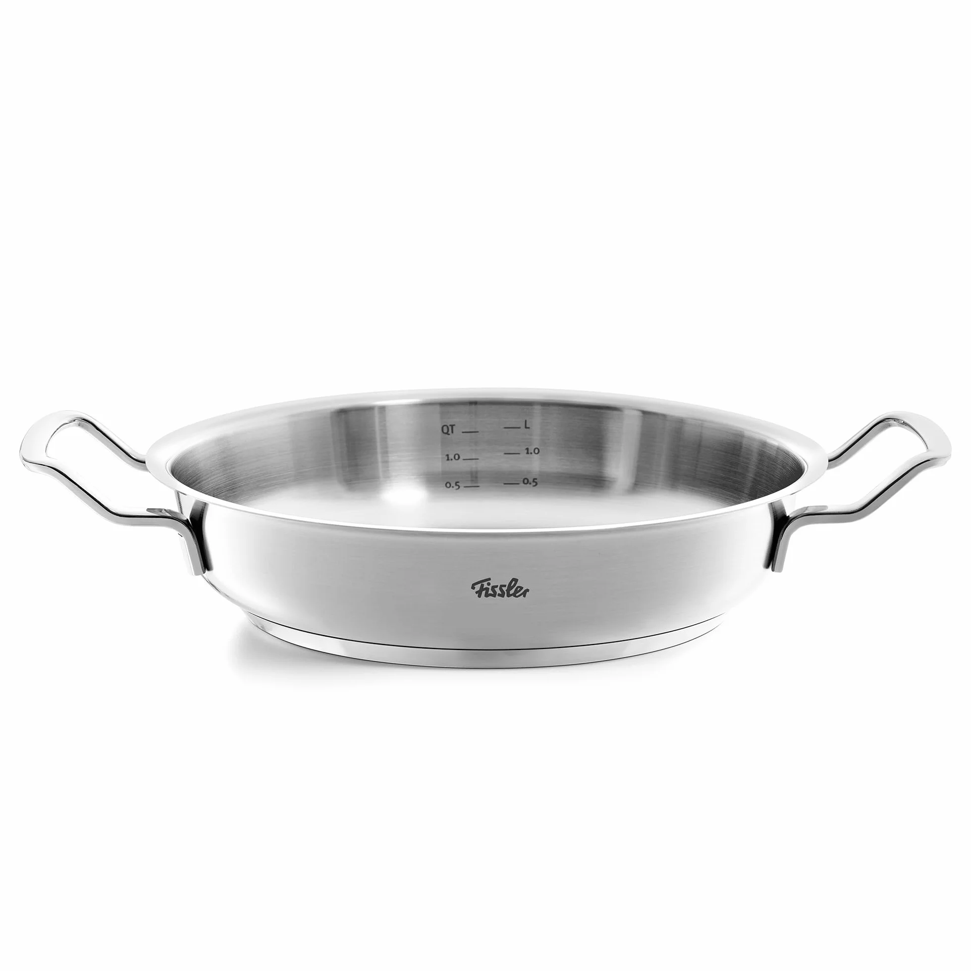 Fissler Original Profi Collection/patelnia do serwowania ze stali nierdzewnej okrągła (2 l, Ø 24 cm) powierzchnia do smażenia, skala wewnętrzna – indukcyjna