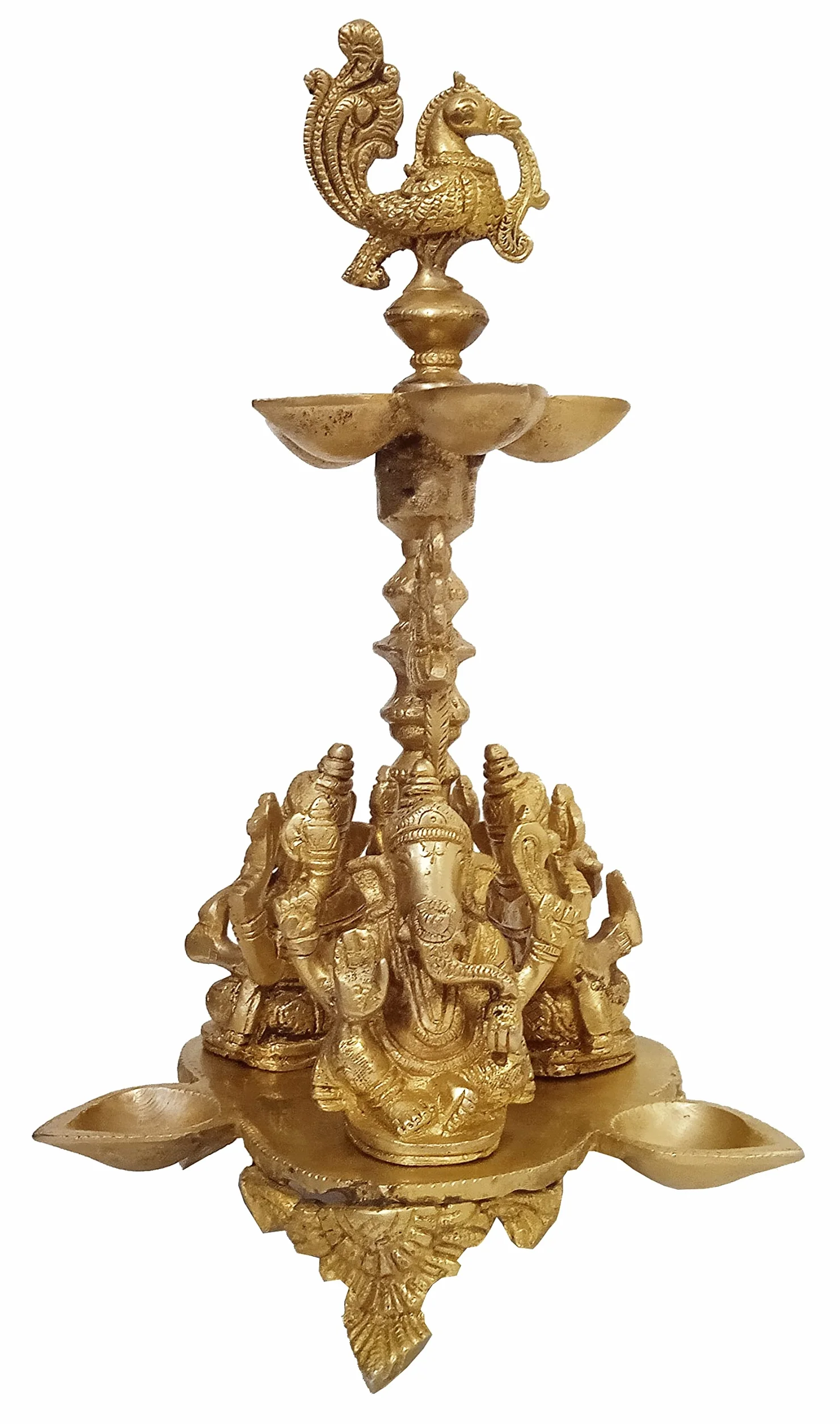 Purpledip Mosiężna lampa olejowa Kuthu Vilakku: Antyczny wzór Royal Deepam Diya z 3 Ganescha, papugi i paw (12033A)