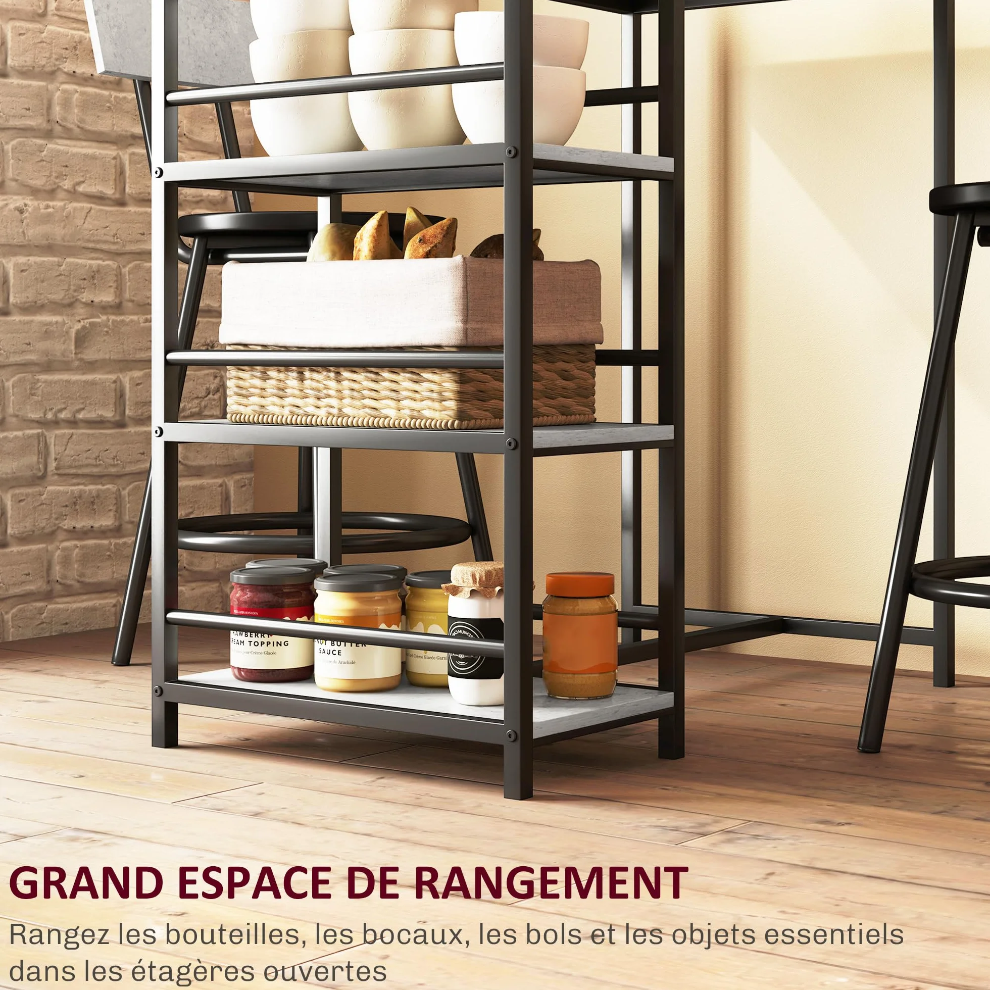 HOMCOM Zestaw stołów barowych ze stołkami, stół stojący z 2 krzesłami barowymi, z półkami, do jadalni, kuchni, szary i czarny