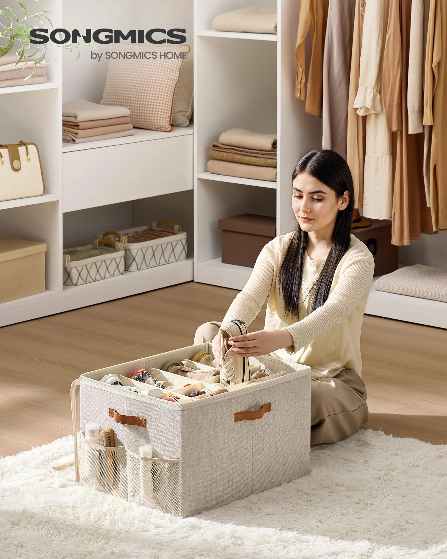 SONGMICS Organizer na buty, przechowywanie butów, na 16 par butów, pudełko na buty, uchwyty, oszczędność miejsca, do szafy, Cappuccino Beige LSP555K01