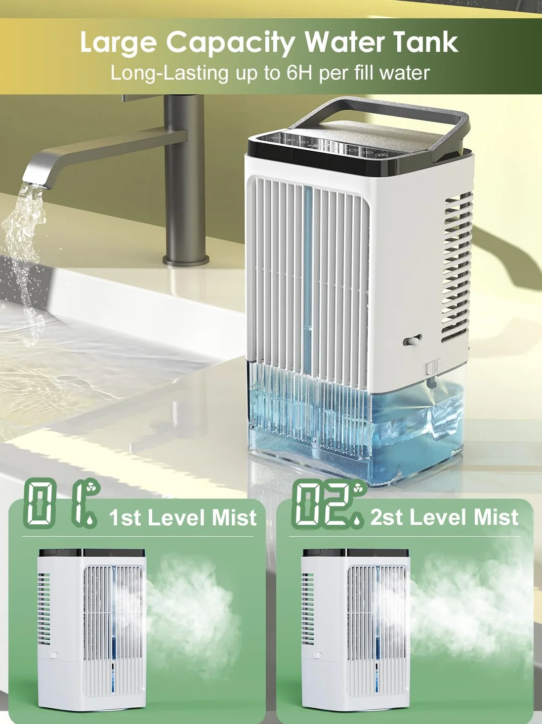 Przenośny klimatyzator, przenośny klimatyzator, wentylator USB, 4 prędkości, 2 tryby, kolorowe światła, oscylacja 90°, 1200 ml