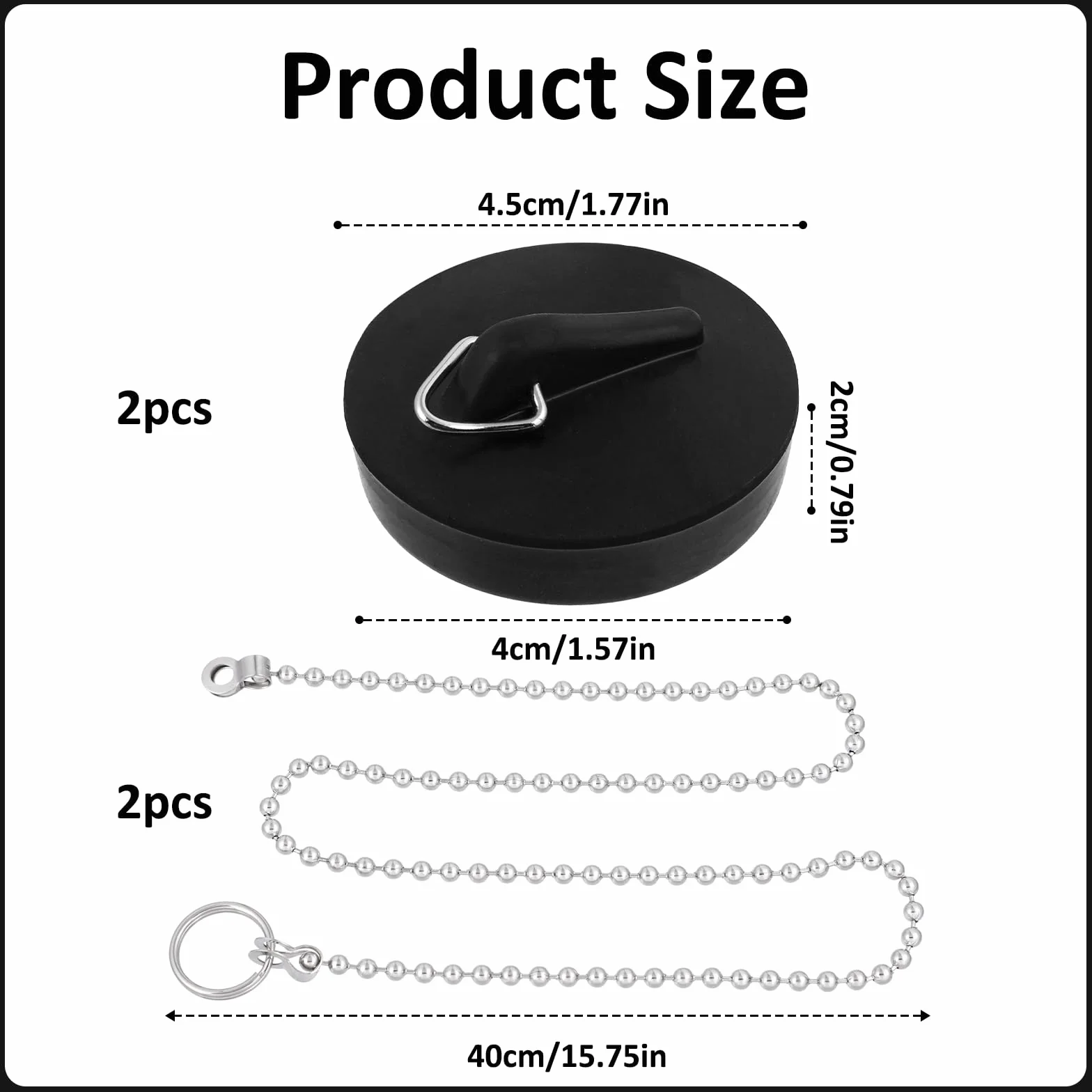 Giantree Korki do odpływu wody, gumowe, z łańcuszkiem 40 cm, Ø 40-45 mm, czarne, korki do zlewozmywaka, wanny, łazienki, 2 sztuki