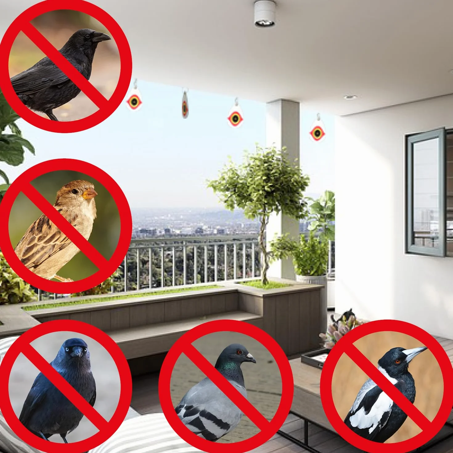 COM-FOUR® 10x odstraszacz ptaków - odstraszacz na szpaki, wrony, kawki, golebie - strach na wróble - plastikowy odstraszacz ptaków - zawieszka odblaskowa (10 sztuk - oko)