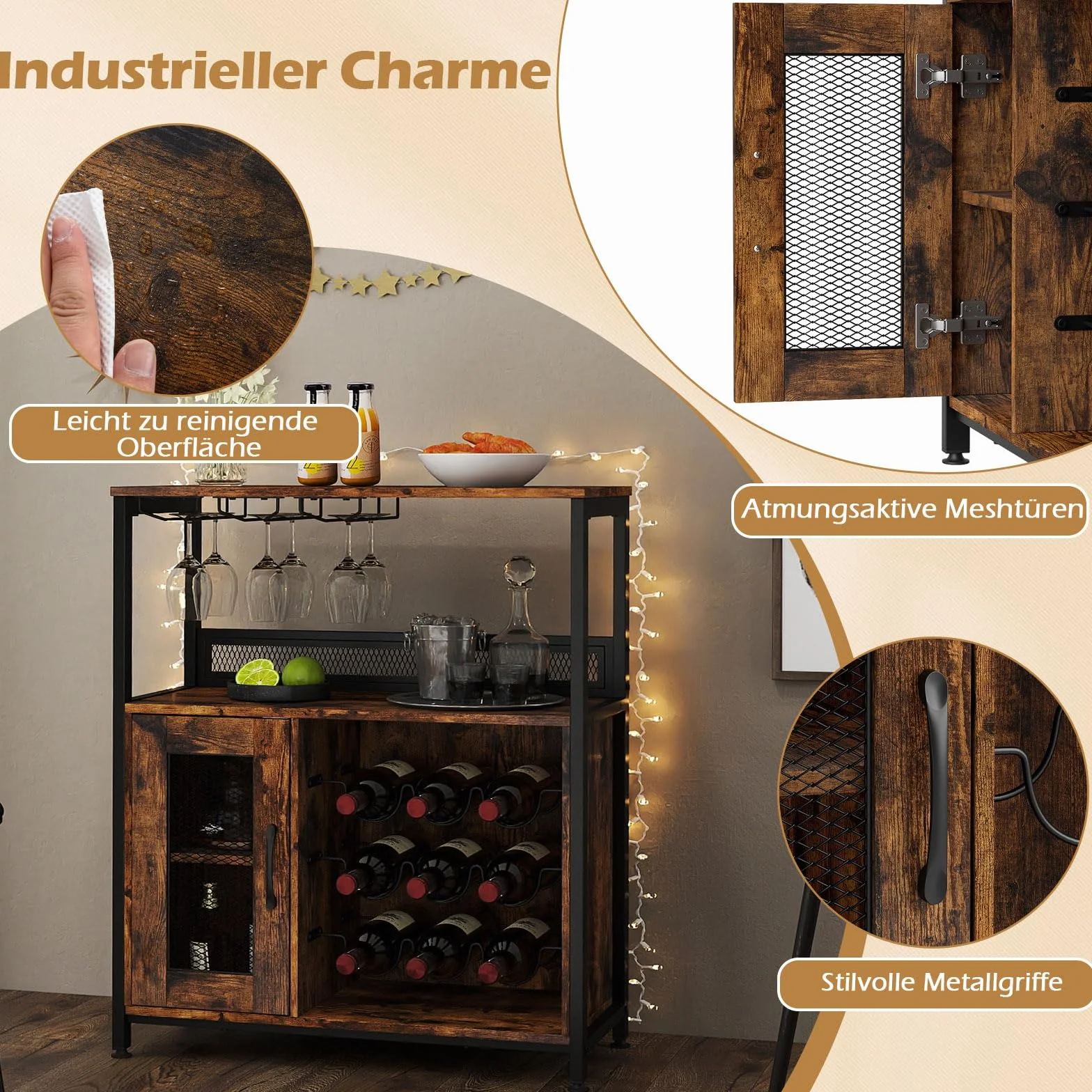 COSTWAY Industrialna szafka na wino, szafka kuchenna ze zdejmowanym regałem na wino i wbudowanymi uchwytami na szkło, komoda drewniana, wolnostojąca, 75 x 34 x 90,5 cm