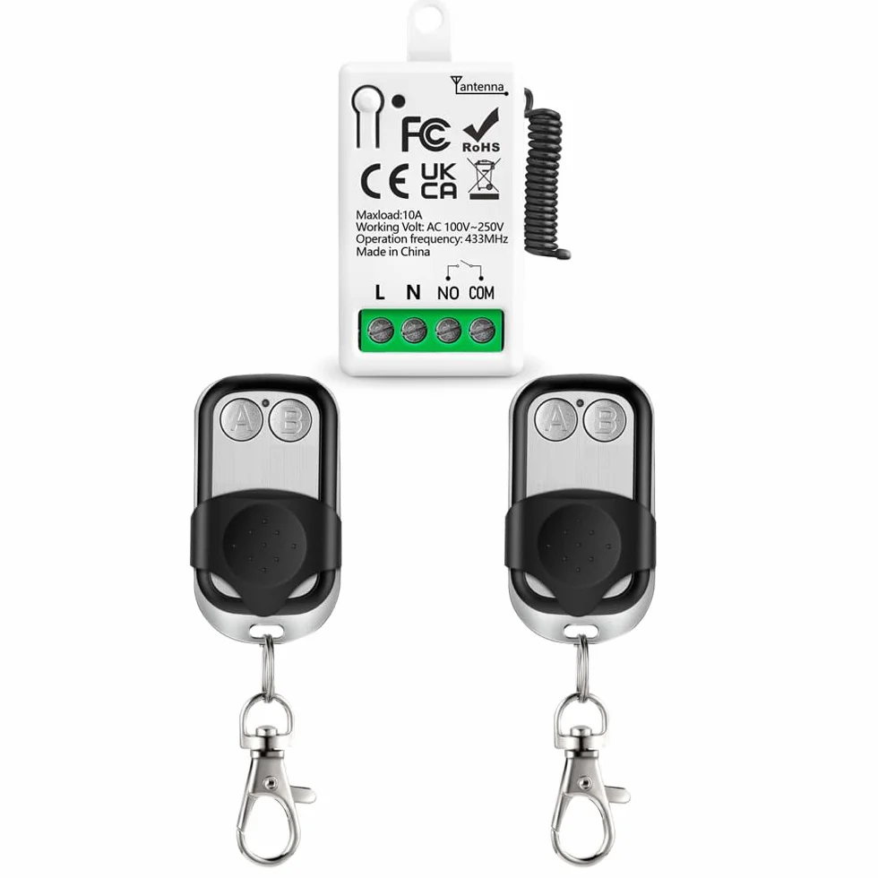 Bezprzewodowy przełącznik zdalnego sterowania 433 MHz 220 V 230 V 110 V 1-kanałowy odbiornik przekaźnik radiowy sterowanie z 2 pilotami zdalnego sterowania Keyfobs styki zerowe przekaźniki do