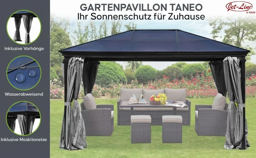 Jet-Line® | Alu Pawilon 3 x 4 m | Pergola z zadaszeniem | Pawilon ogrodowy Taneo | 3 x 4 m | Aluminiowa rama | z nieruchomym dachem | kolor antracytowy | do ogrodu | zadaszenie | stabilny ogrodowy