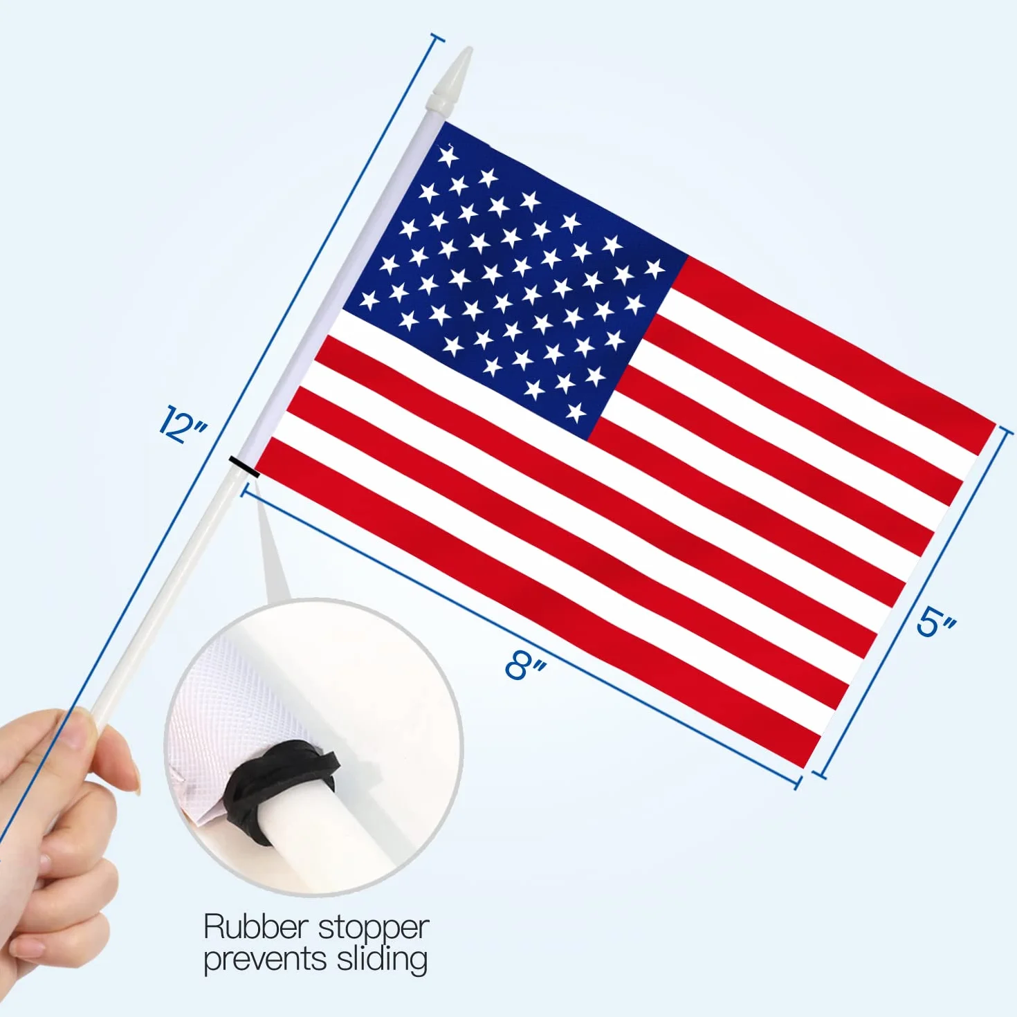 Anley American US 5x8 "HandHeld Mini Flag z 12" White Solid Pole - Flaga USA, żywy kolor i odporność na światło - Stany Zjednoczone Ręczne flagi 5 x 8 cali