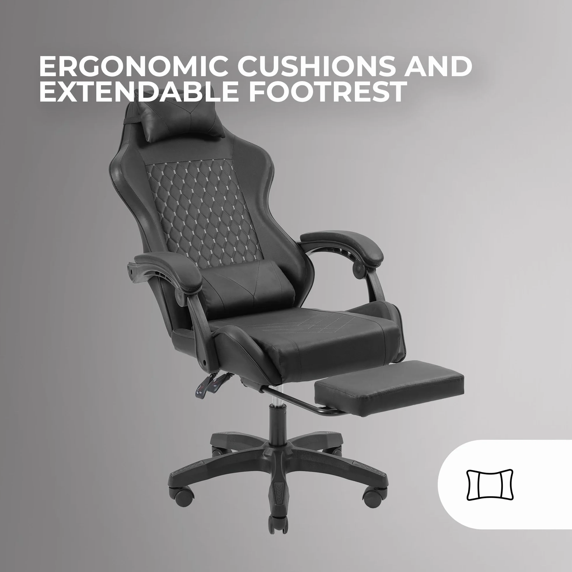 Mars Gaming MGC-X, Ergonomiczny Fotel Gamingowy, Skóra Syntetyczna, Odchylane Oparcie i Regulowana Wysokość, Dynamiczne Podłokietniki, Poduszka Szyjna i Lędźwiowa, Wysuwanym Podnóżkiem, Czarny