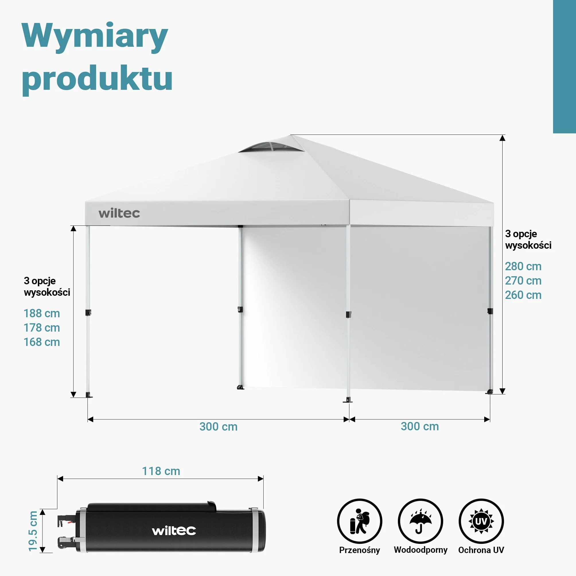 Wiltec Pop-up Pawilon imprezowy składany namiot ogrodowy handlowy ze ścianą biały 3x3m z kołami