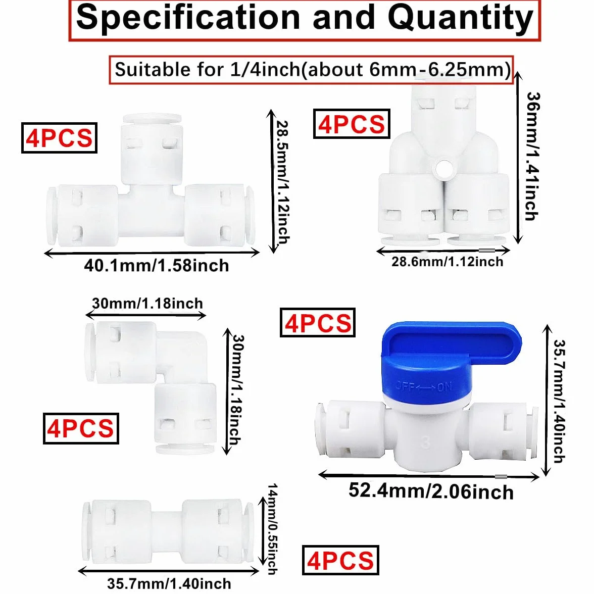 10 m 1/4" 6,35 mm przewód doprowadzający wodę uniwersalny zestaw przyłączeniowy, 24 sztuki złączek do filtra wody (Y + T + I + typ L + zawór odcinający)