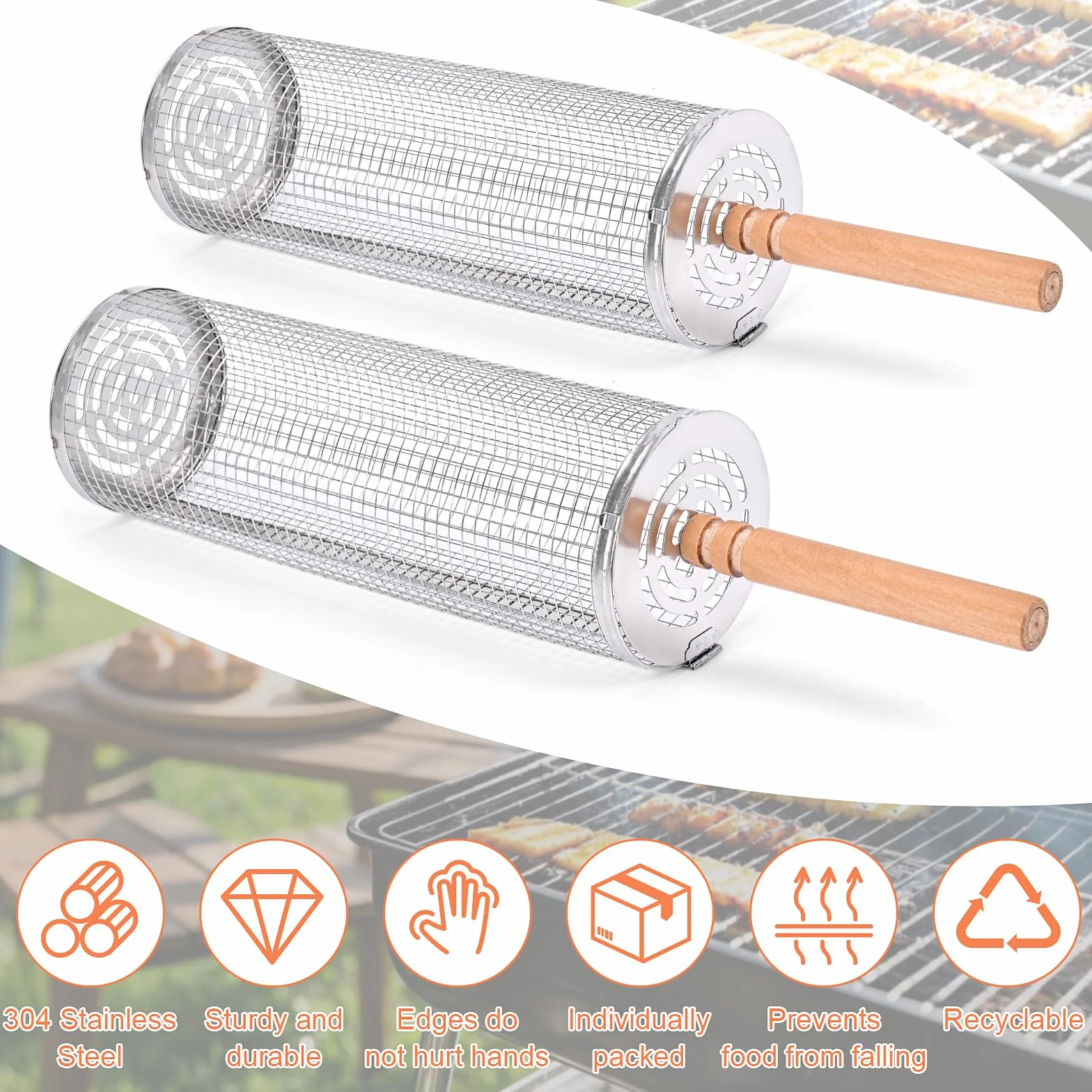 2-pak, zwijany kosz grillowy z drewnianym uchwytem, cylindryczny kosz ze stali nierdzewnej, akcesoria do grilla na świeżym powietrzu, na kemping, piknik