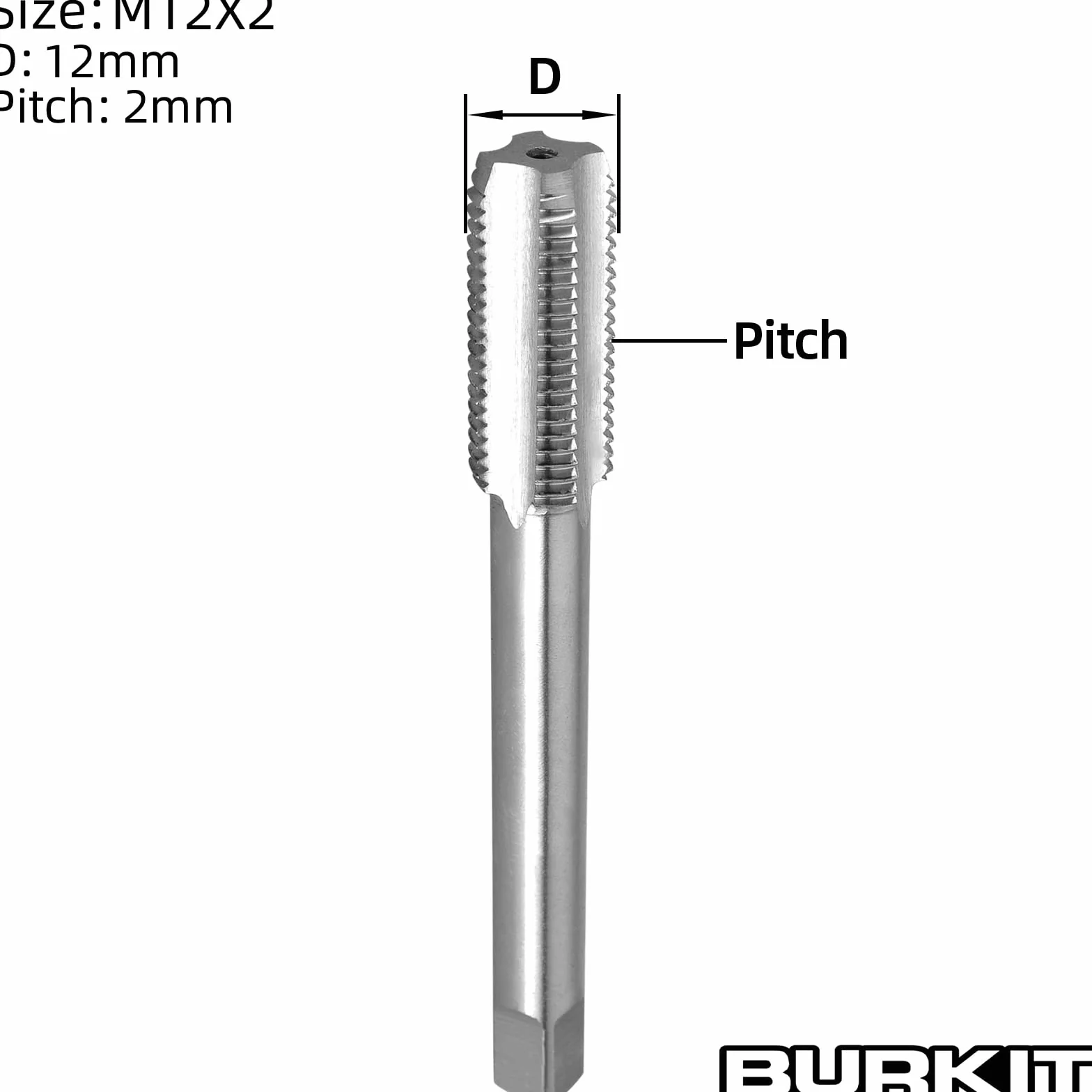 Burkit M12 x 2 gwintownik praworęczny, HSS M12 x 2,0 prosty karbowany kran maszynowy