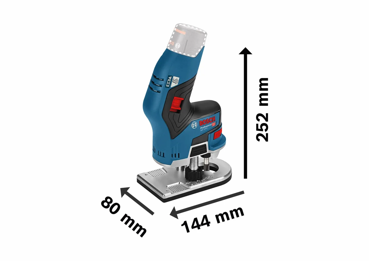 Bosch Professional system 12V: akumulatorowa frezarka krawędziowa GKF 12V-8 (2 akumulatory GBA 12V 3.0Ah + szybka ładowarka, tuleja zaciskowa 8 mm, klucz płaski, walizka L-BOXX)