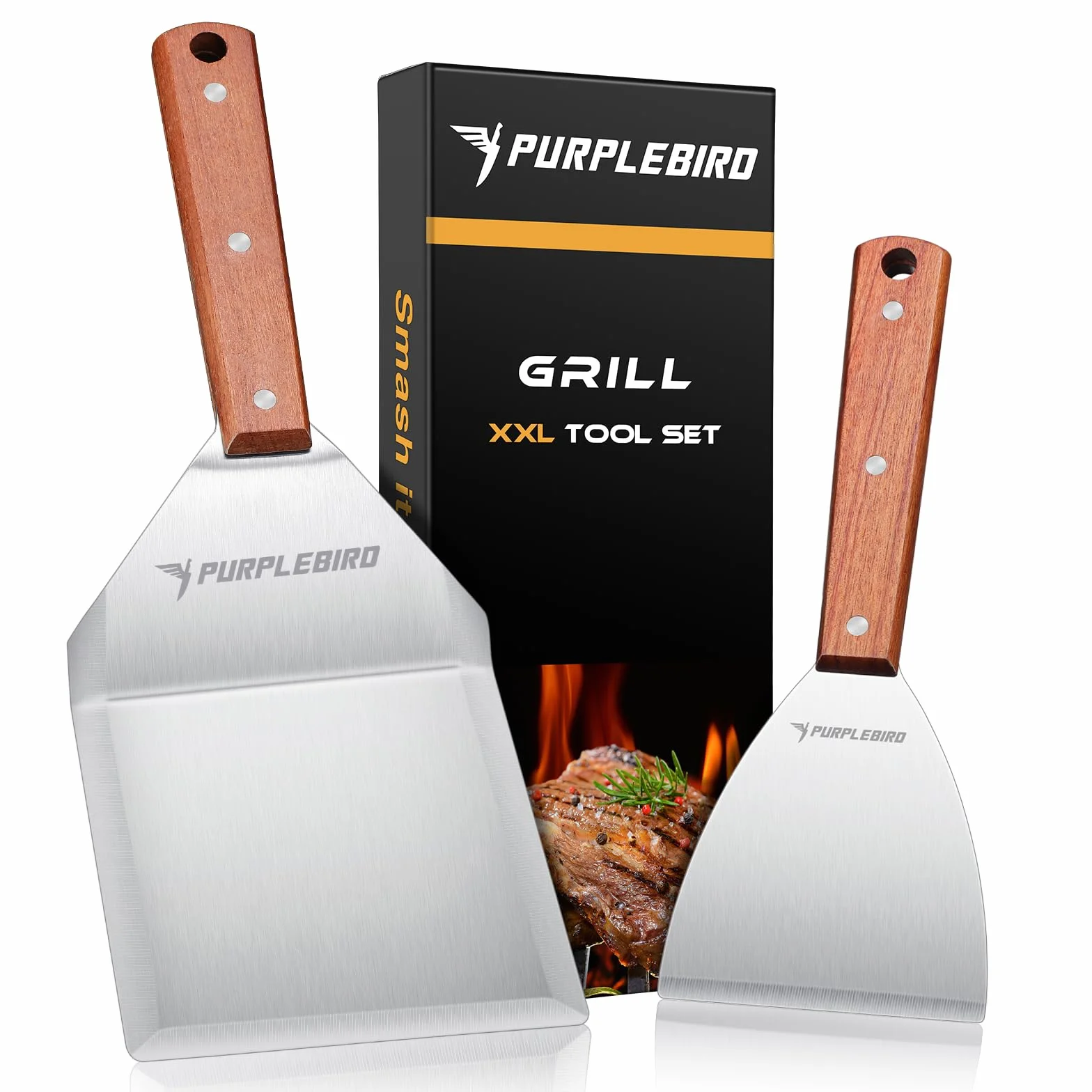 PURPLEBIRD Zestaw szpatułek do grilla ze stali nierdzewnej, zestaw szpatułek Plancha z dużą łopatką do grilla do smash burgerów, grillowania, prezent dla mężczyzn