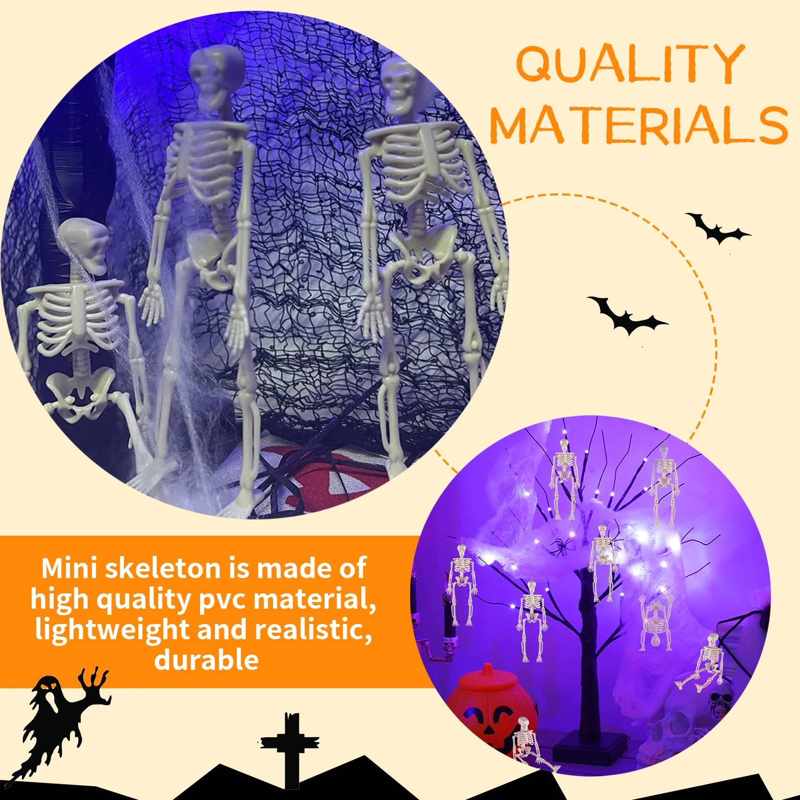Hebterrka 8 sztuk dekoracyjnych mini szkieletowych figurek na Halloween, 15 cm, wysuwane plastikowe szkielety na straszną dekorację domu na Halloween, dekoracja domu duchów i prezenty na imprezę