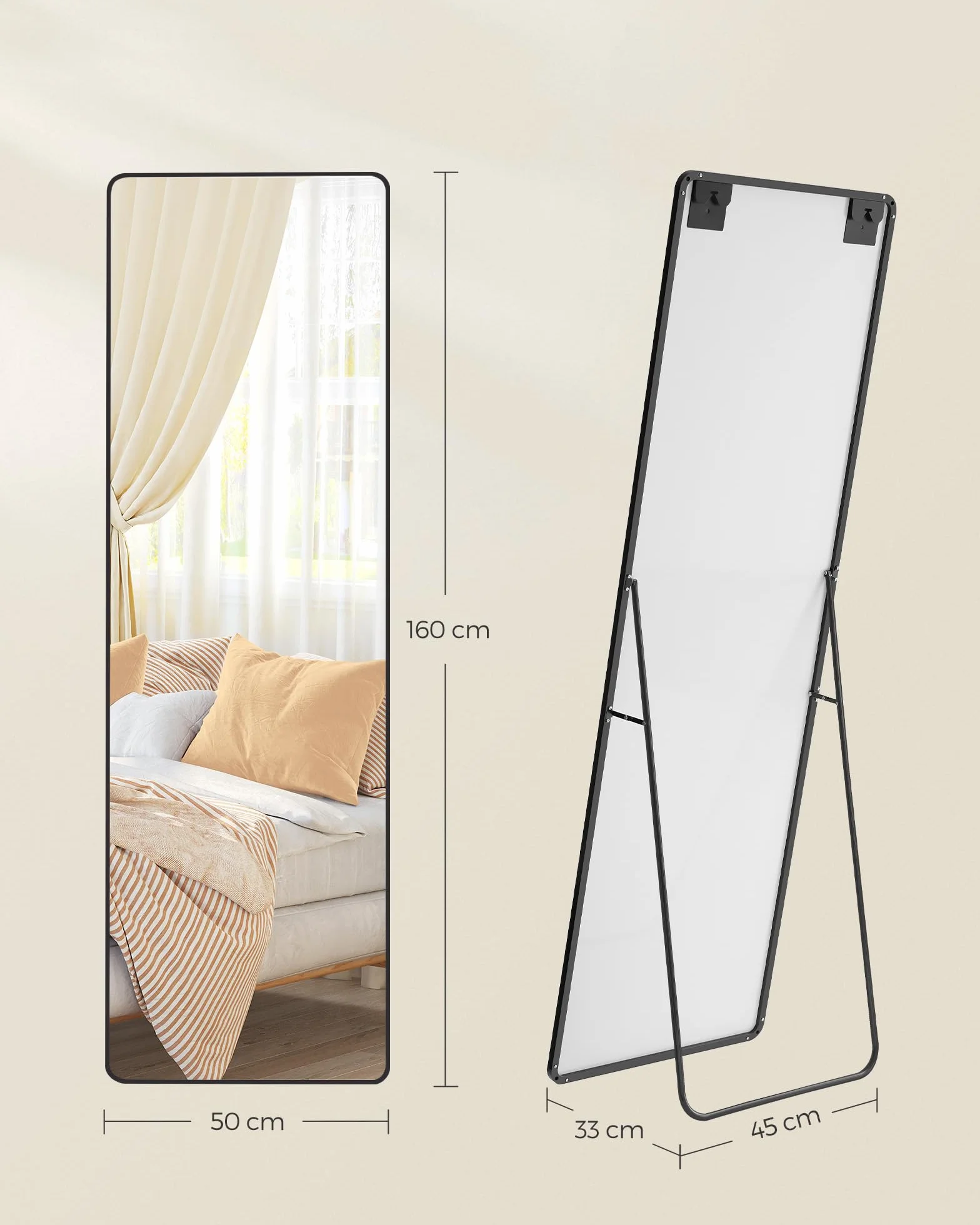 SONGMICS Pełne lustro 160x50cm Prostokątne lustro stojące Rama ze stopu aluminium Szkło hartowane do sypialni Salon Szafa Atrament Czarny LFM030B01