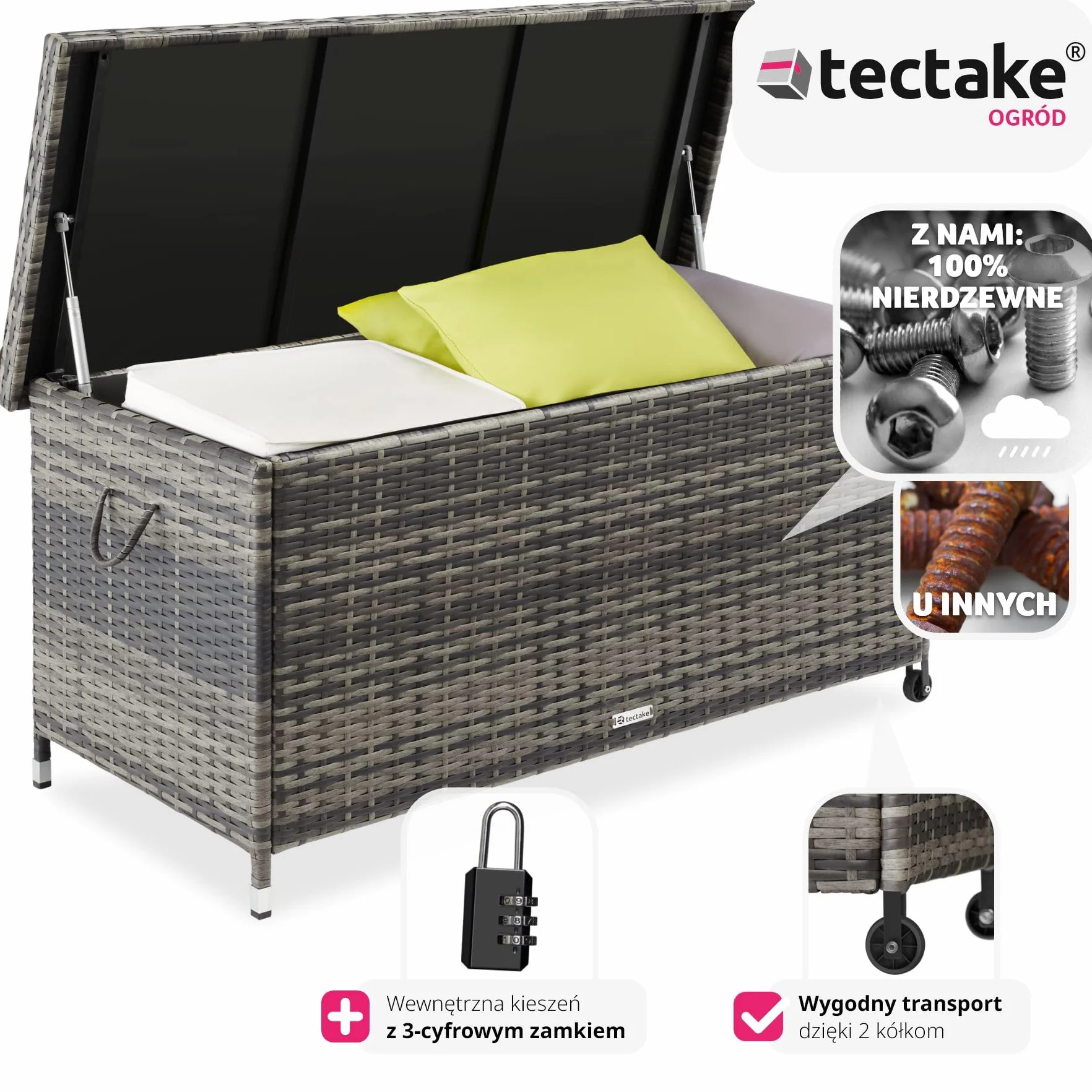 tectake® Uniwersalna Skrzynia Ogrodowa, Duża Pojemność 297l, 117x54x64cm, Trwała Plecionka z Polirattanu, Wytrzymała Rama z Aluminium, Wzmocniona Pokrywa z Systemem Sprężyny Gazowej (Szary)