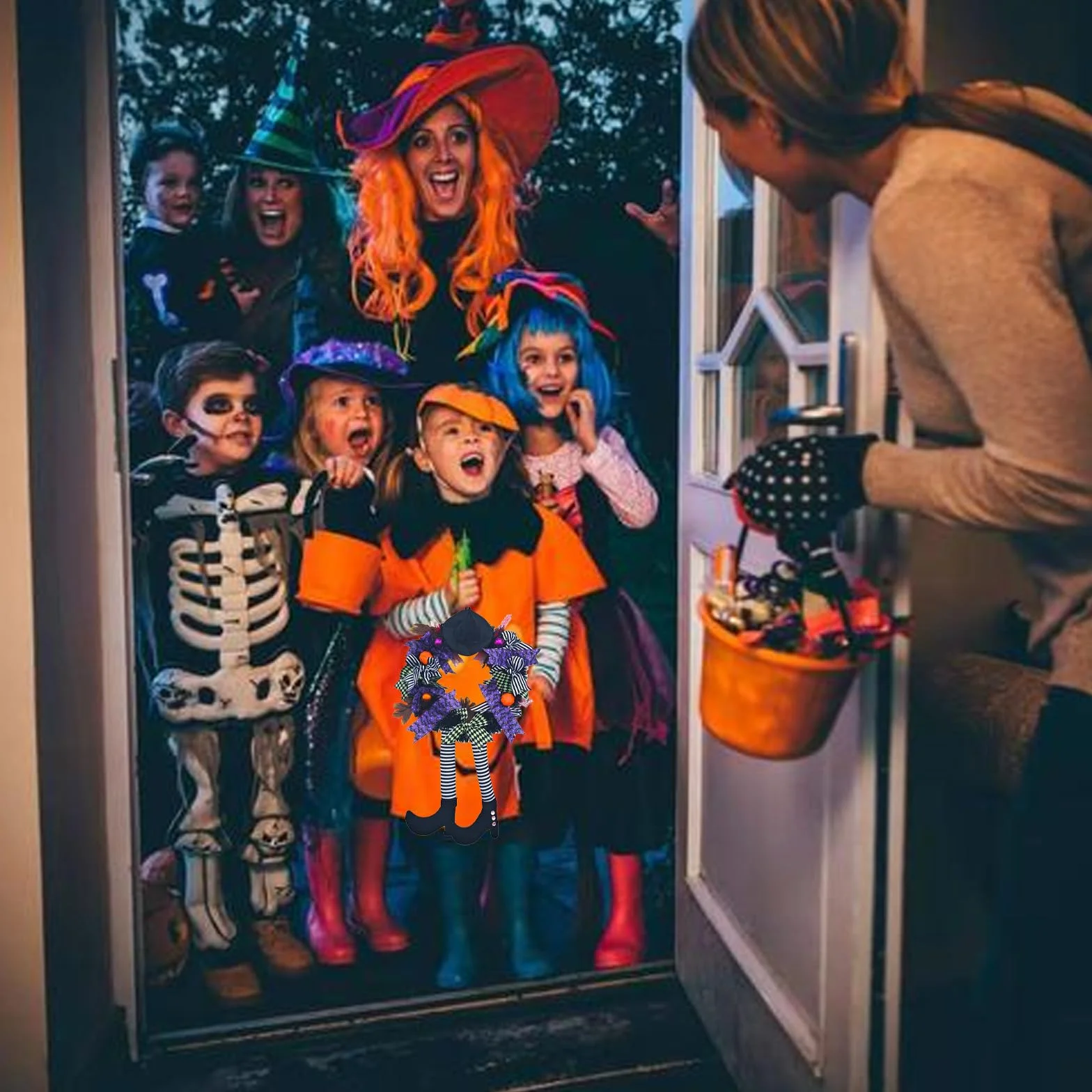 GWAWG Wieniec halloweenowy na drzwi wejściowe, dekoracje na drzwi halloweenowe, kapelusz czarownicy i nogi wiszące nogi dynia liść klonu dekoracja unikalna dekoracja, do drzwi domu na zewnątrz
