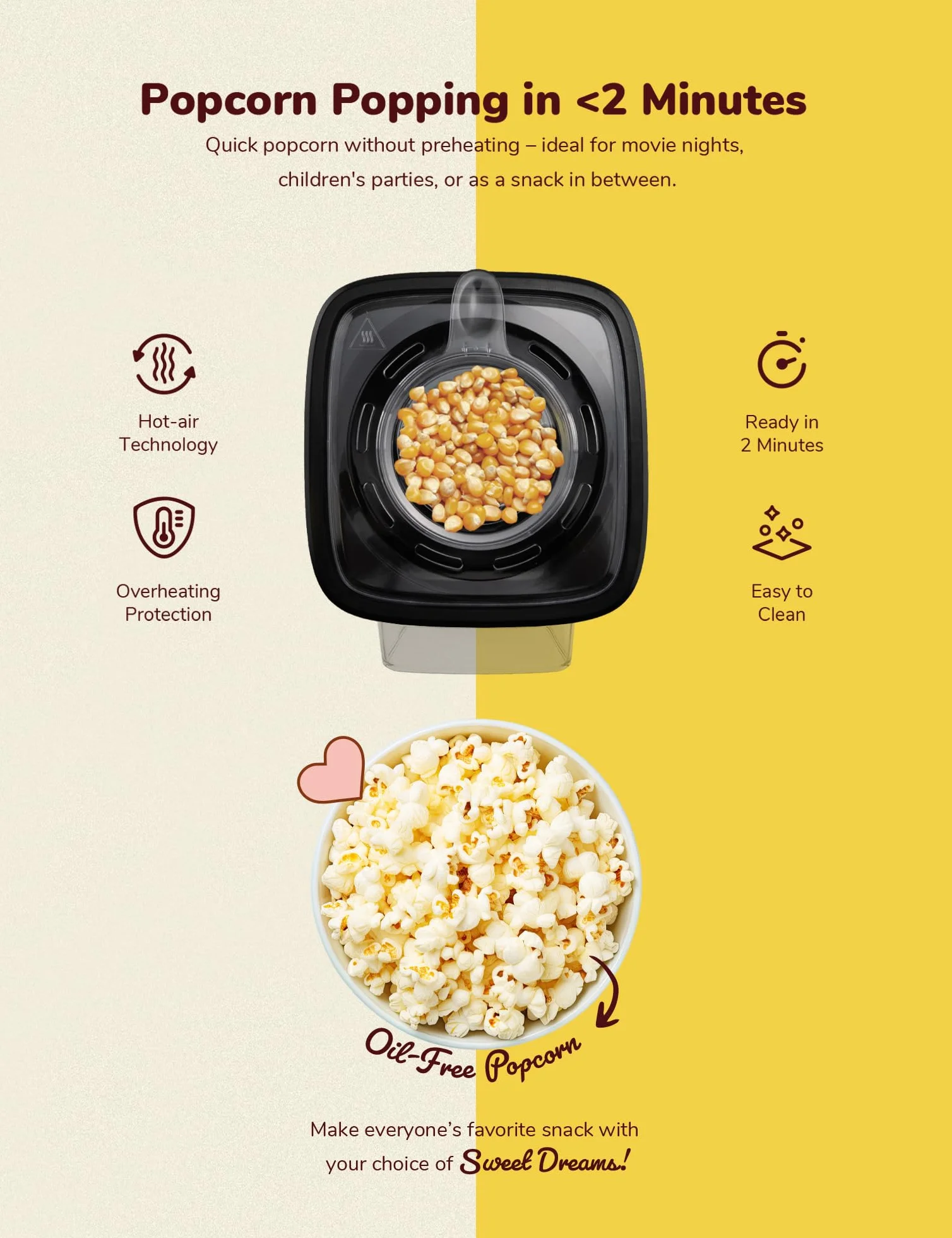 Bestron Maszyna do popcornu z technologią gorącego powietrza, turbopopcorn, 10 torebek, Sweet Dreams