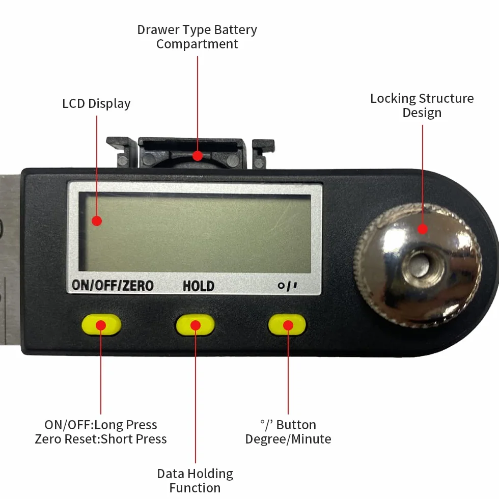 Newaner Kątomierz cyfrowy z wyświetlaczem LCD ze stali nierdzewnej, linijka kątowa do pomiaru kątów, wyświetlacz kątów do prac drewnianych, praca domowa, rzemieślnik, pomiar kąta 360°, funkcja Hold