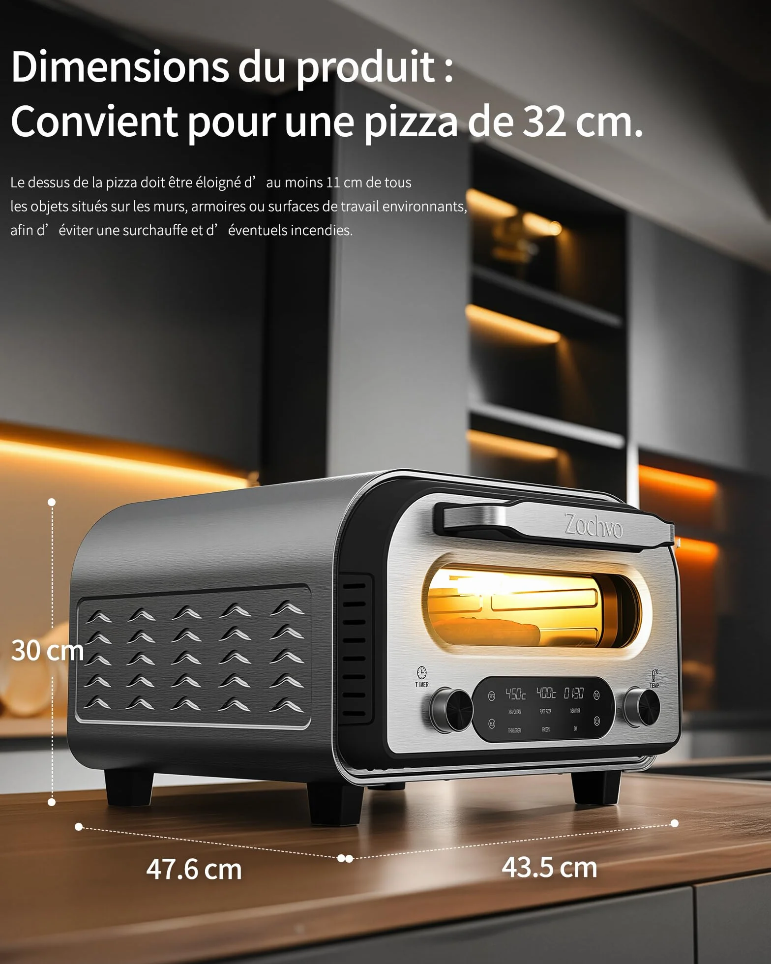 Elektryczny piekarnik do pizzy - do 450 ℃, 5 wstępnie ustawionych rodzajów pizzy, ekran dotykowy i obrotowe pokrętła, 1-60 minut timer, korpus ze stali nierdzewnej, do pizzy 32 cm