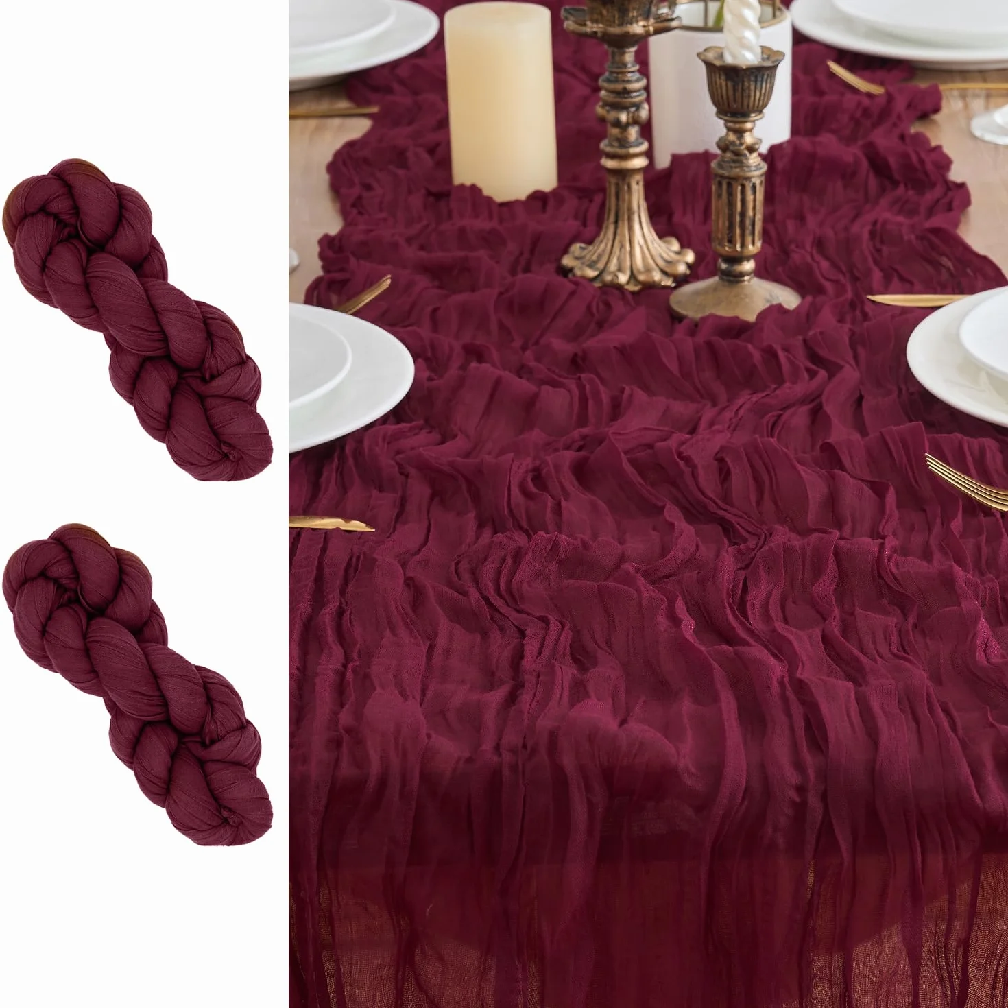 2 bieżniki na stół, obrus, obrusy w stylu boho, rustykalny obrus na wesele, dekoracja stołu, 90 x 300 cm (czerwone wino, 90 x 300 cm, 2 sztuki)