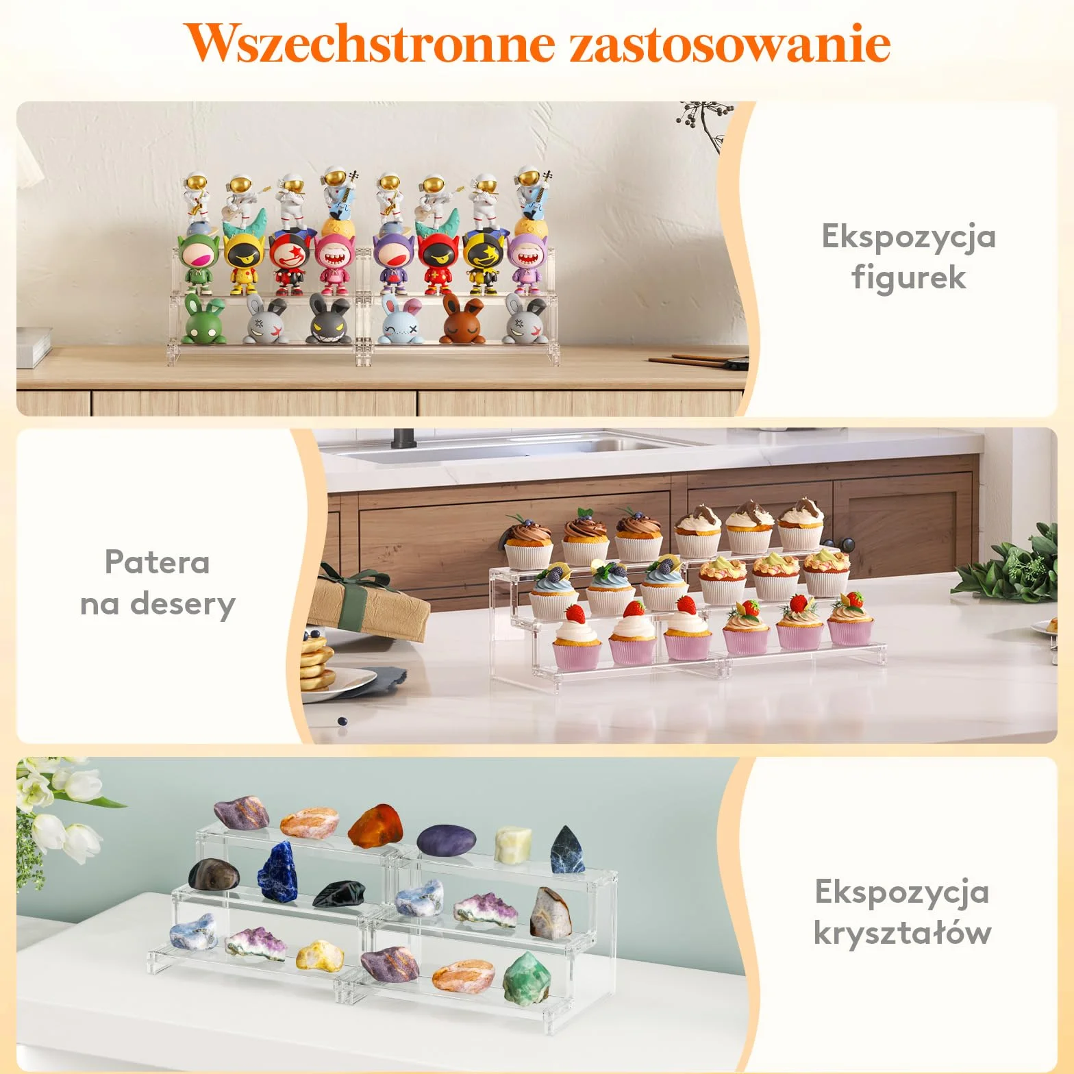 Lifewit 3 Tier Clear Display Risers Stand, 22,8 cm Plastikowe Risers do Wyświetlania, Plastikowe Organizatory do Figurek/Cupcake/Perfumy, Stojak Wyświetlania Biurkowego Dekoracji, 2 Opakowanie