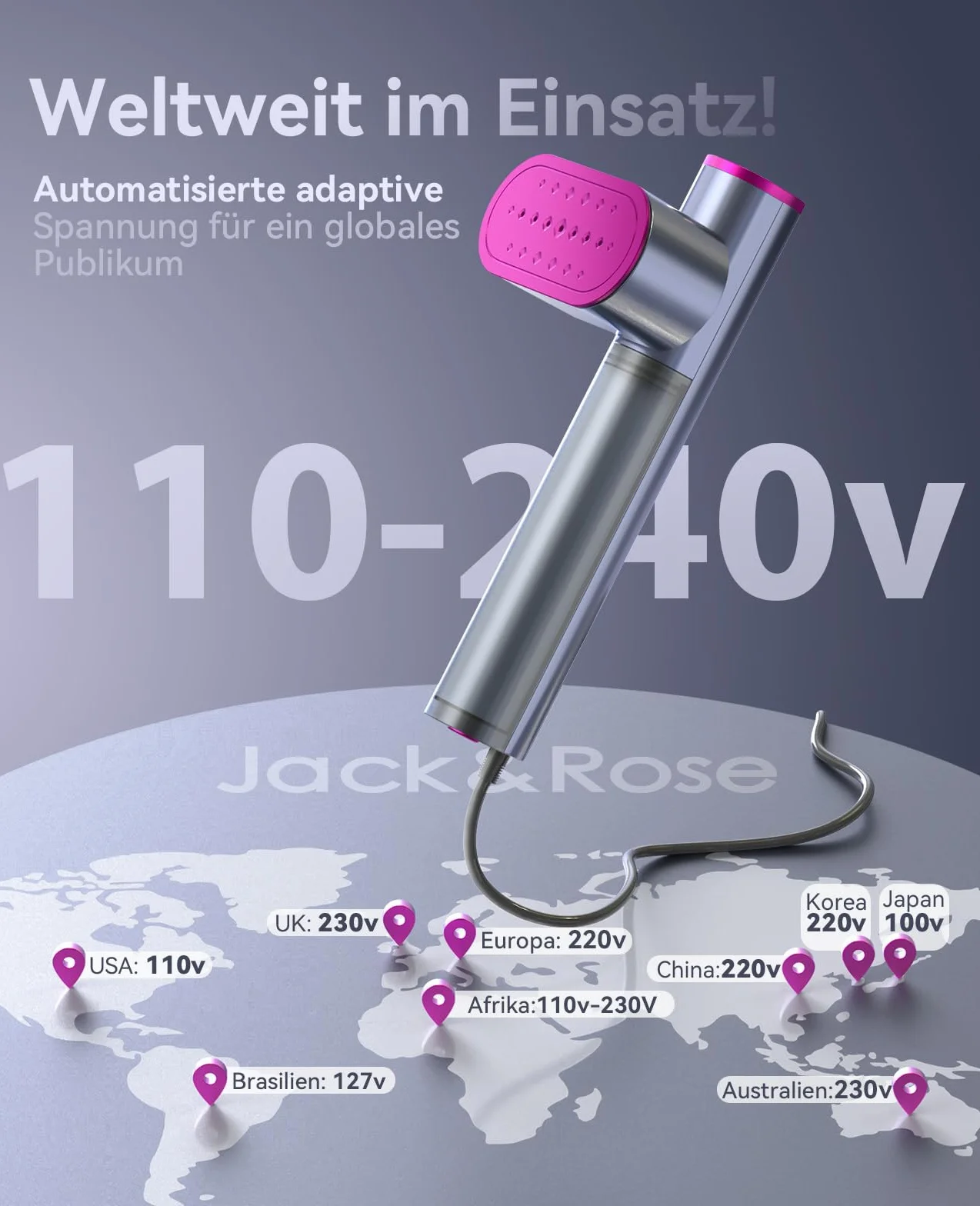 Jack&Rose parownica parowa, napięcie 110-240 V, 1000 W, przenośna i poręczna podróżna, szybkie nagrzewanie 15 sekund, 2 w 1, do globalnej podróży i urlopu