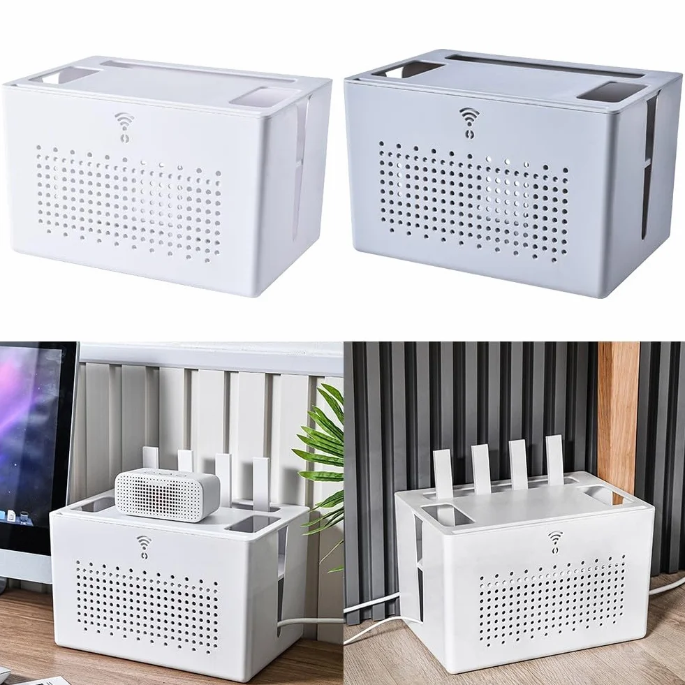 Bezprzewodowy router WiFi, skrzynka do przechowywania, modem sieciowy, osłona routera, półka listwa zasilająca i zarządzanie kablami, stojak biurowy, zorganizowane półki (szary)