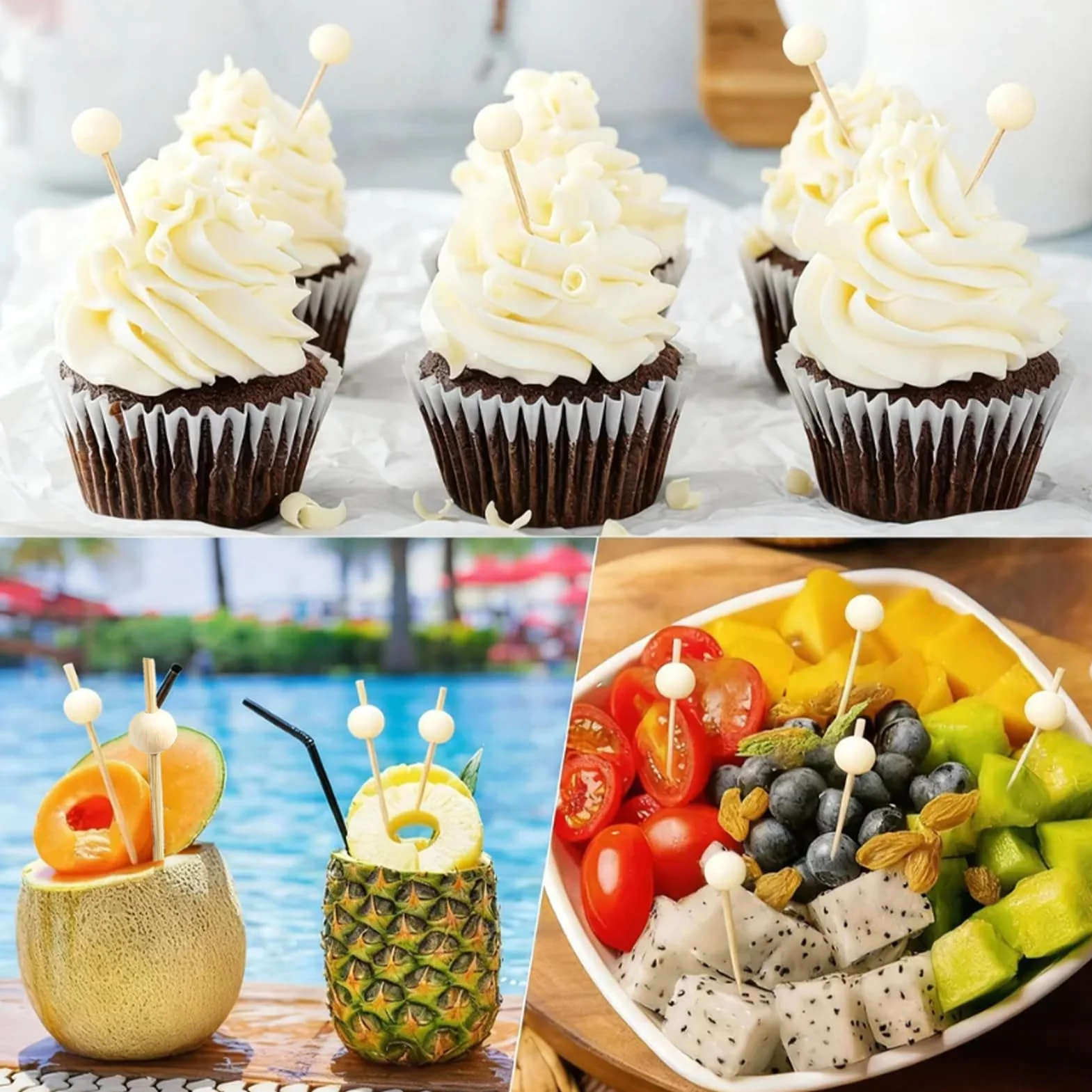 Sekfpnk100 Szaszłyki drewniane, 12 cm szaszłyki na fingerfood z drewnianymi koralikami, akcesoria koktajlowe, nadają się na koktajlowe przyjęcia, imprezy, bufety, spotkania i inne okazje