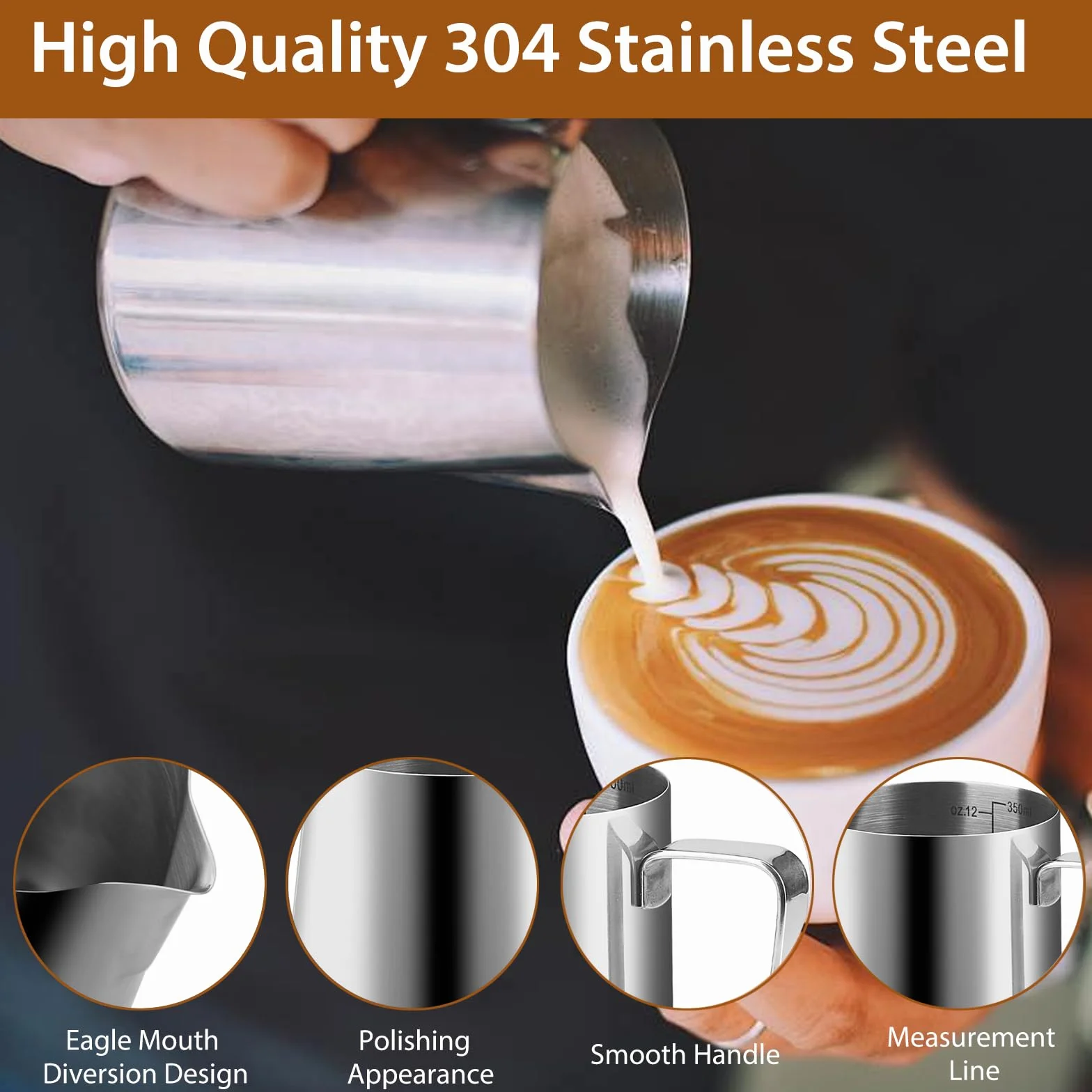 Dzbanek na mleko Barista 350 ml ze stali nierdzewnej do piany z igłą do latte art