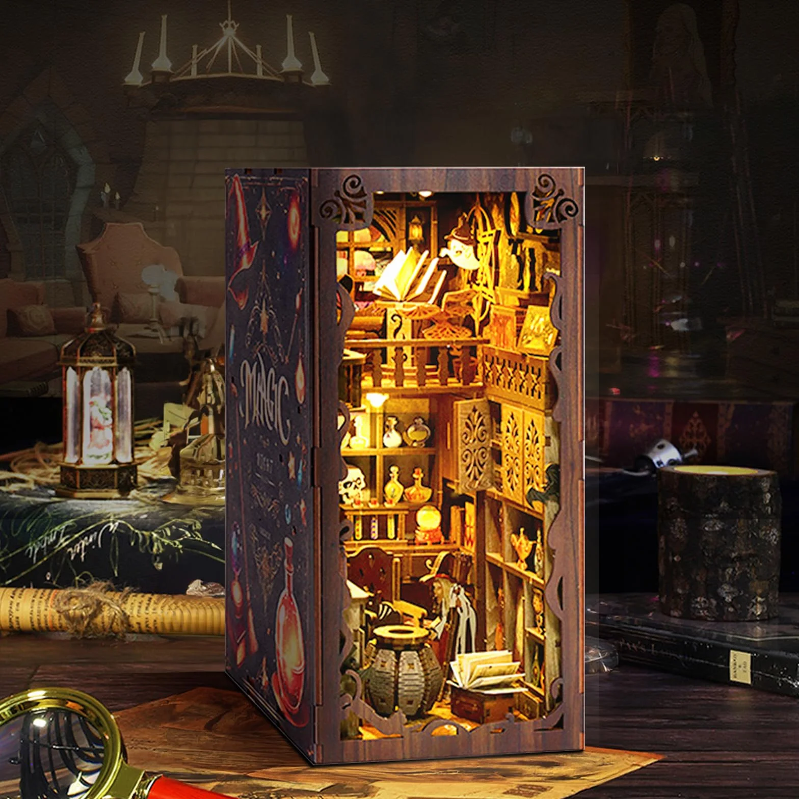 Cuteefun DIY Book Nook Kit, miniaturowa wkładka do książek DIY, drewniana podpórka do książek 3D ze światłem LED, delikatna dekoracja, dorośli i młodzież (magiczna noc)