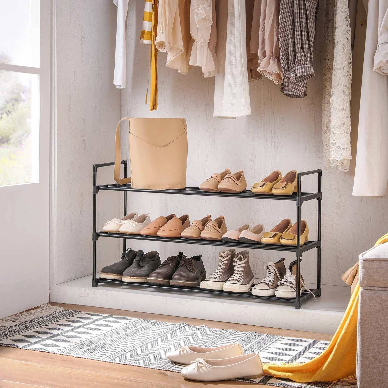 SONGMICS regał na buty 2-częściowy zestaw 3 półki metal czarny LSA06BK