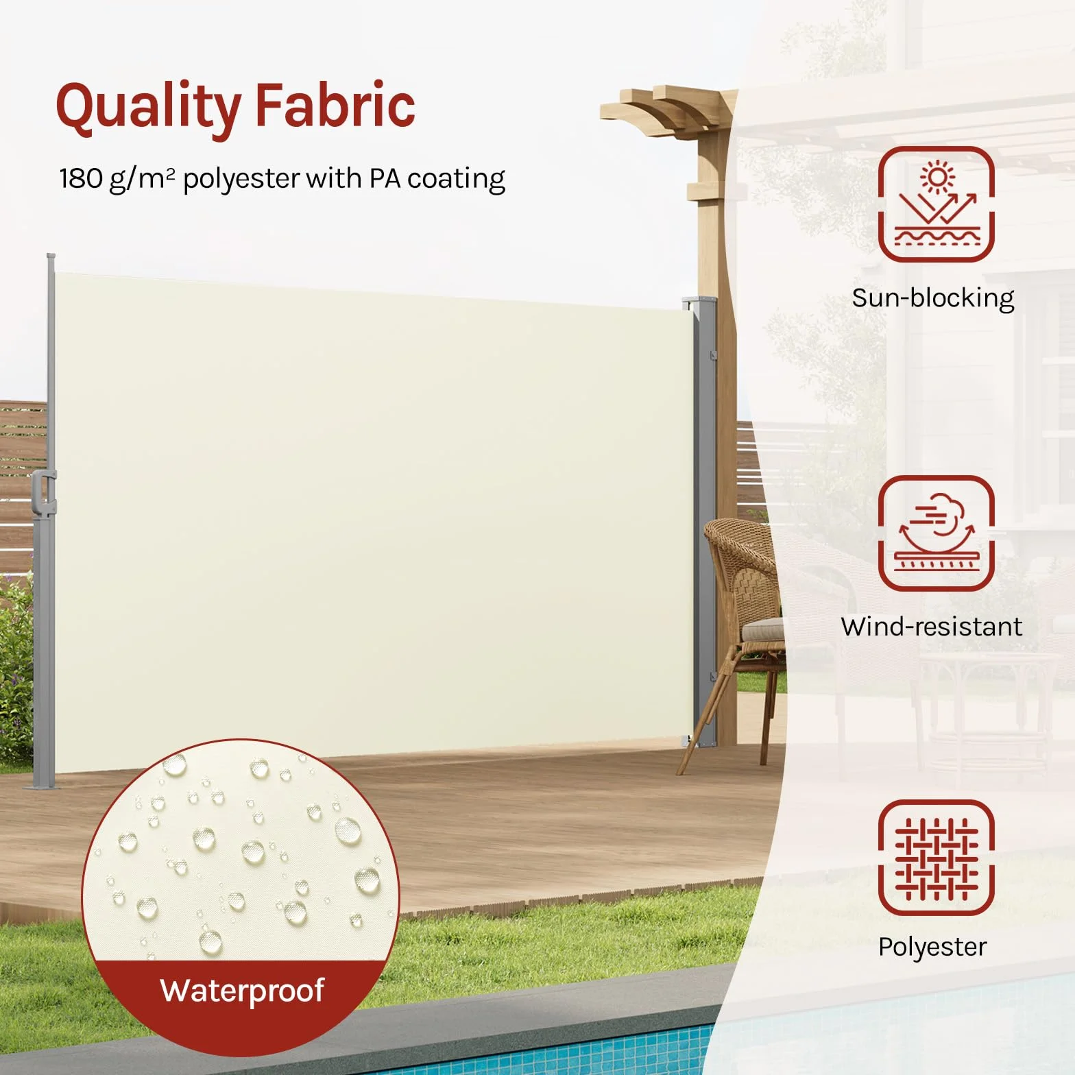 WOLTU Parawan zewnętrzny, wysuwana roleta boczna, 160 x 350 cm, osłona przeciwsłoneczna i ochrona przed wiatrem, do ogrodu, balkonu, tarasu, patio, kremowej