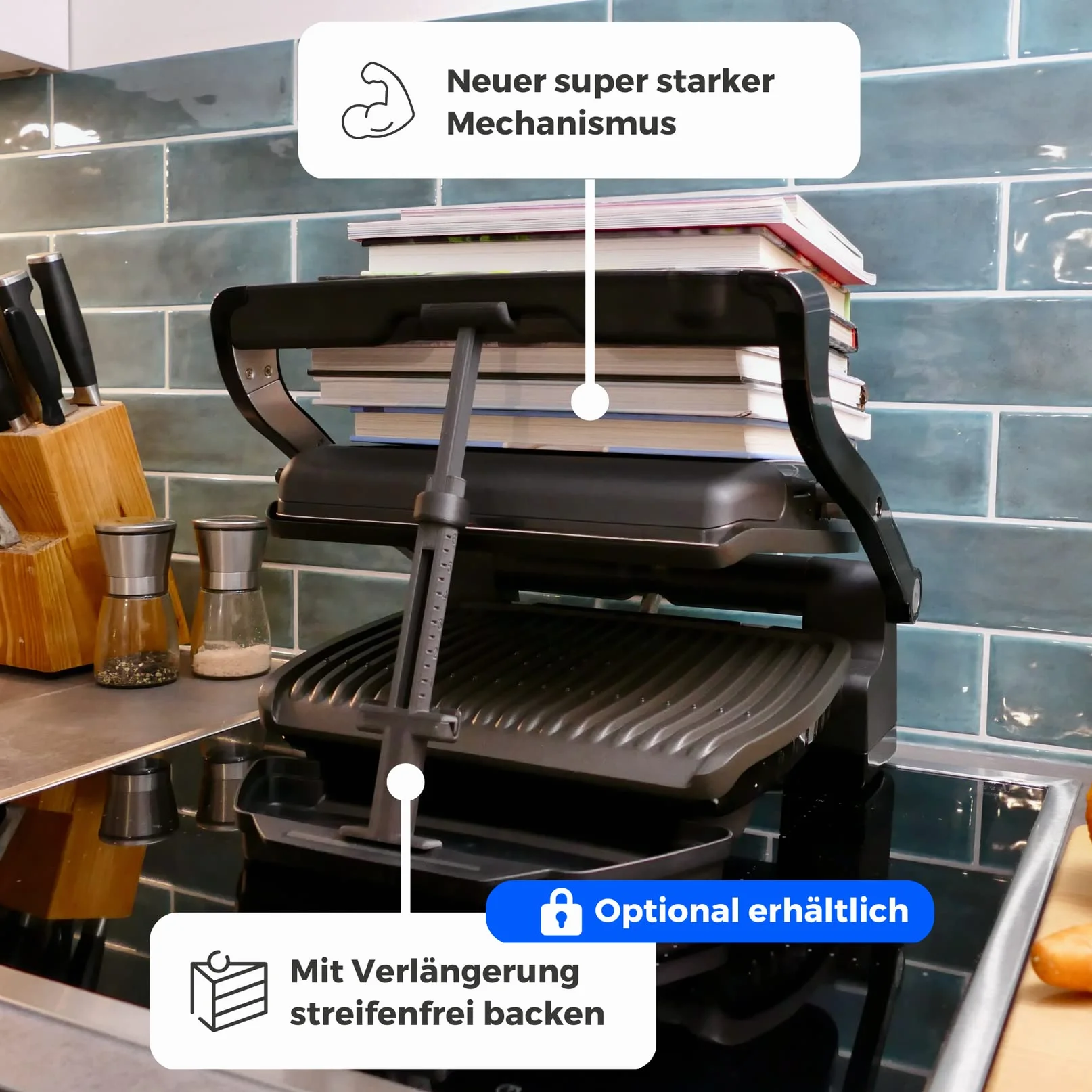 Generisch Wspornik dystansowy V2 do Tefal/Rowenta Optigrill XL + klips blokujący + przedłużka, dystans, pomoc przy grillu