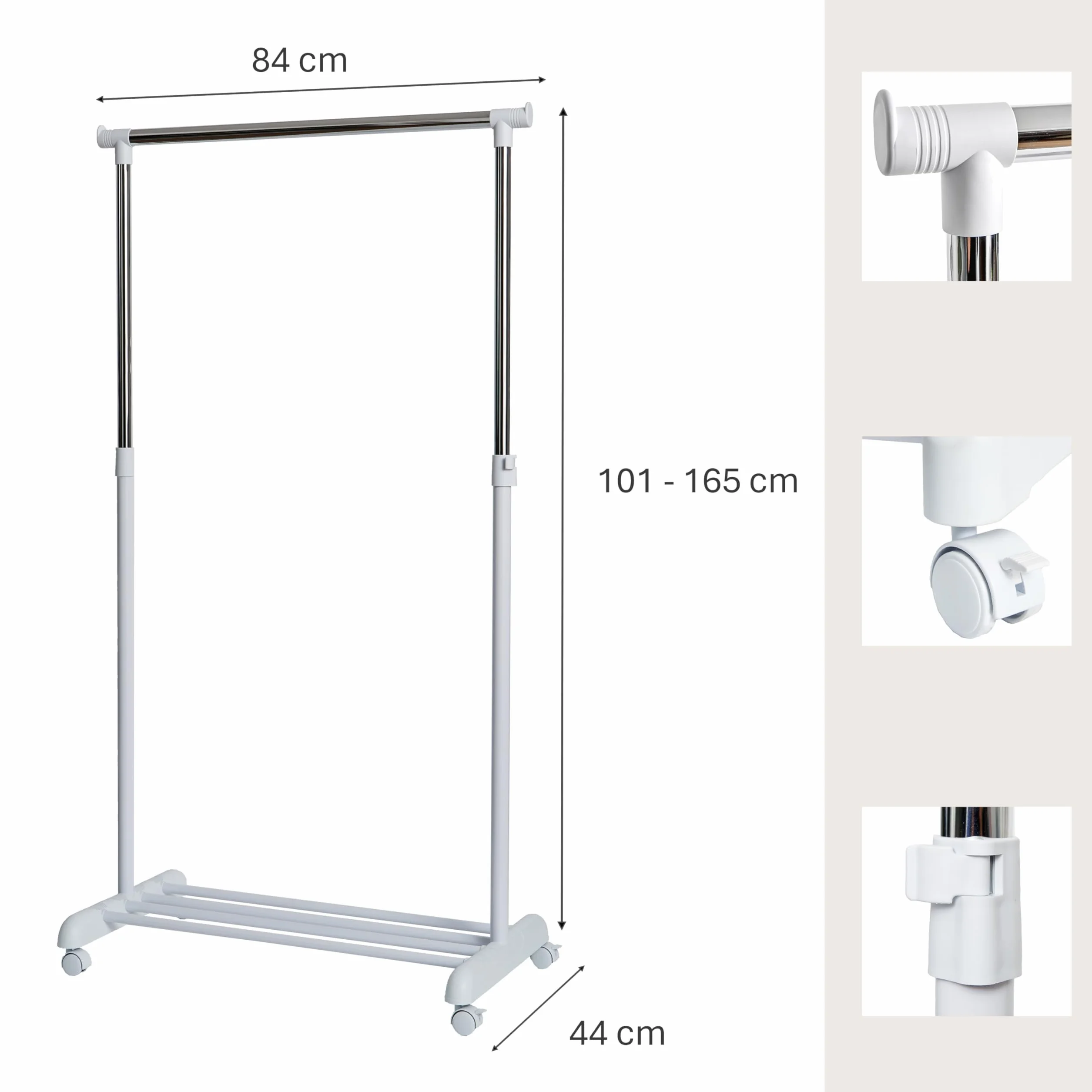 LOVE !T STORE !T Wieszak na ubrania z regulacją wysokości – stabilny wieszak na ubrania – wózek garderobiany na kółkach z półką na buty – 84 x 44 x 101 – 165 cm – biały/chrom