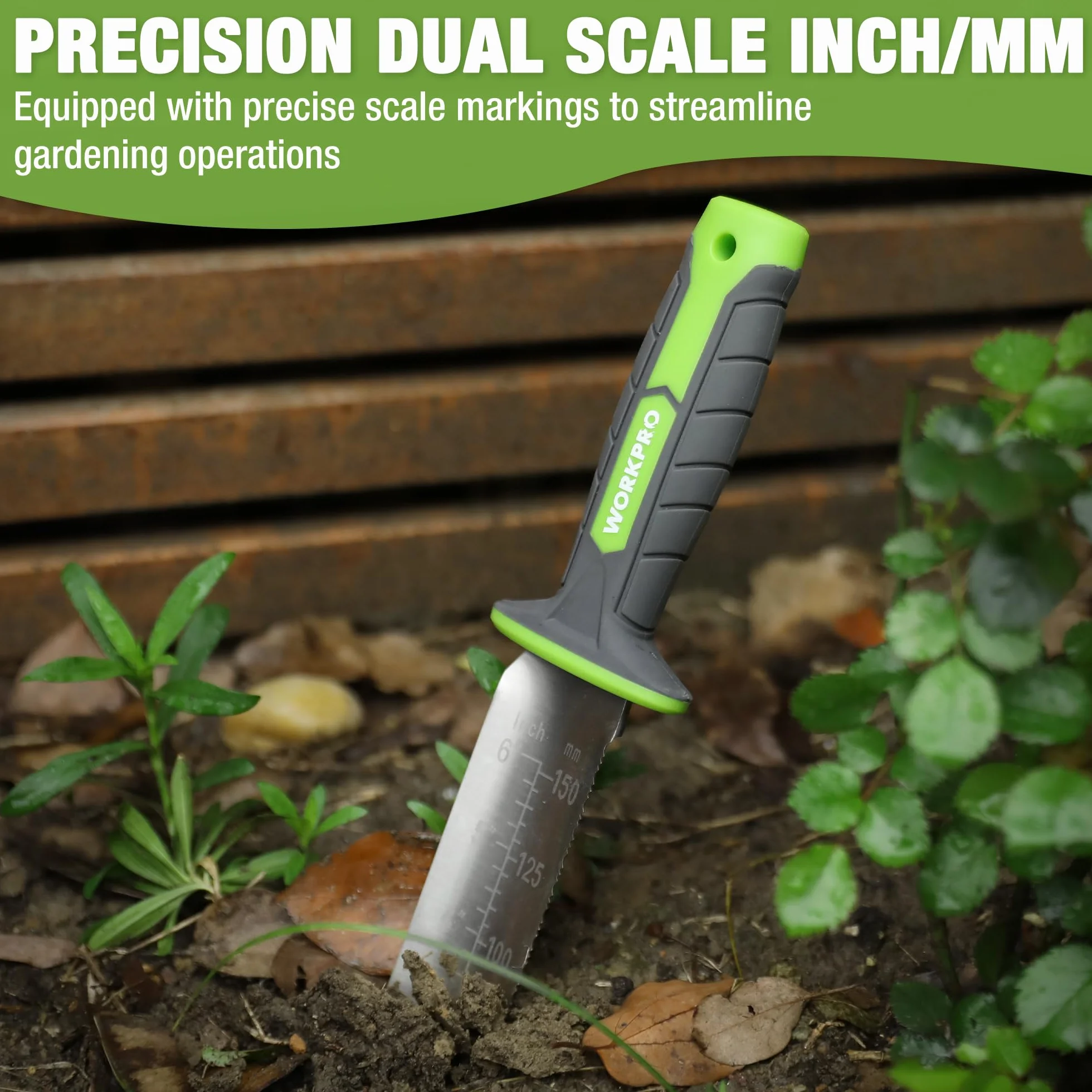 WORKPRO Hori Hori Garden Knife, 7" Stainless Steel Blade with Cutting Edge, Garden Tools with Oxford Sheath, Ergonomic TRP Handle with Hanging Hole for Weeding, Planting, Digging, Green