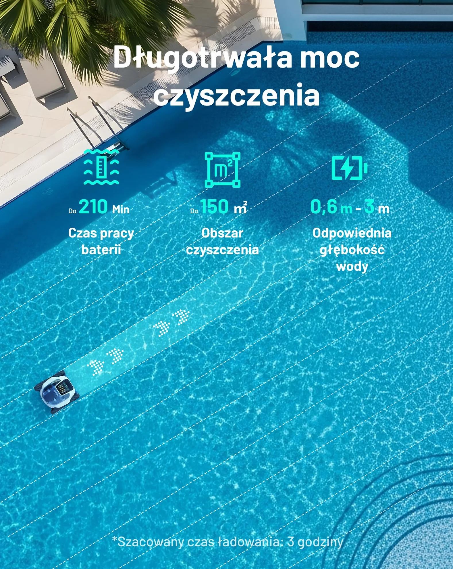Bezprzewodowy robot basenowy SPINO E1, czas pracy 210 minut, wydajność 21950 l/h, 5 trybów pracy robota basenowego, czyszczenie ścian i linii wodnej, sterowanie aplikacją, ścieżka SmartArc