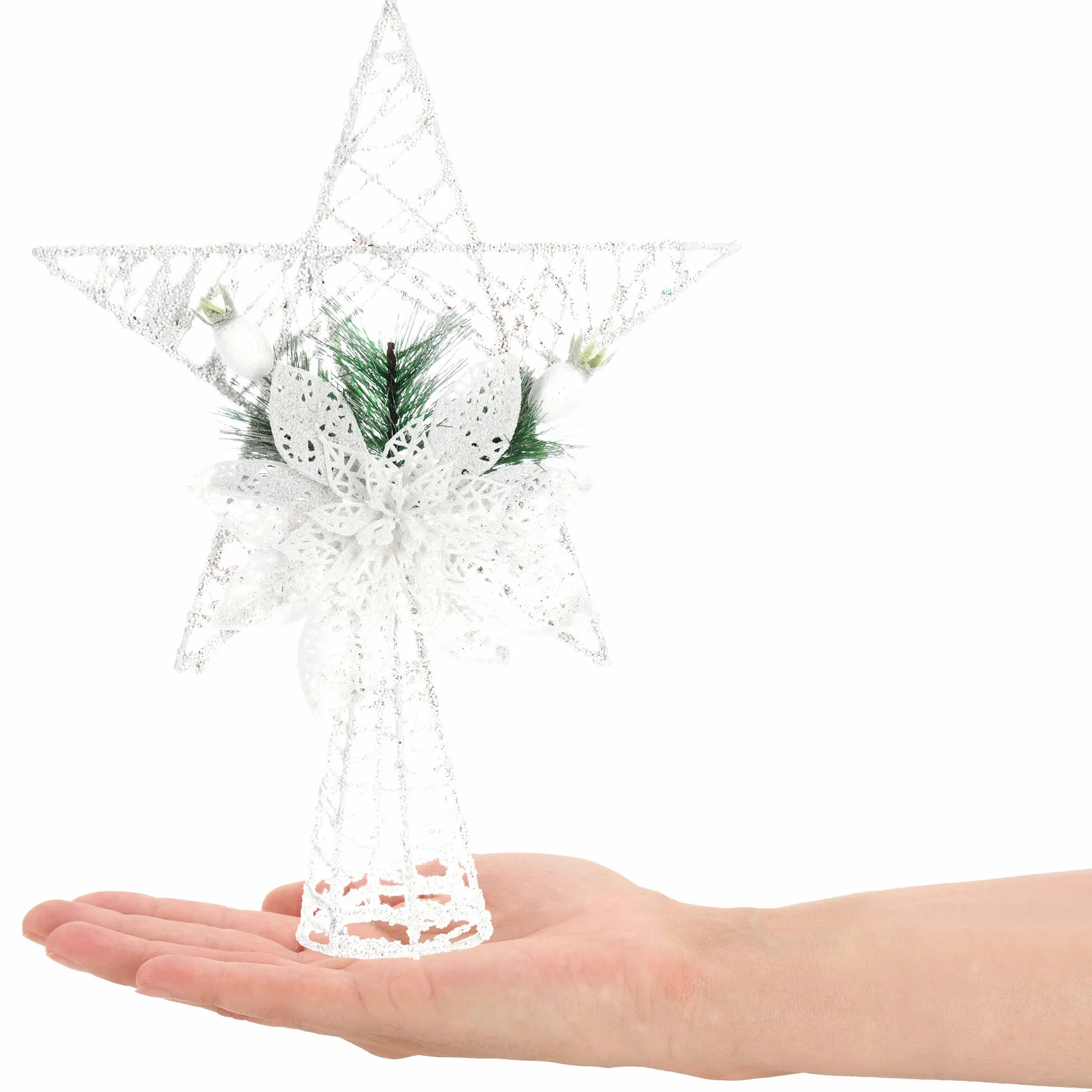 com-four® dekoracyjna gwiazda swiateczna – metalowa ozdoba z igla sosny, kwiatem i jagoda – biala gwiazda stojaca (White Classic Star XL)