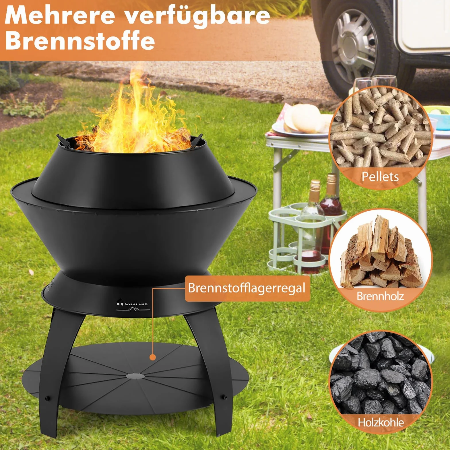 COSTWAY Palenisko z uchwytem na garnki i półkę, palenisko z bezdymnym spalaniem natlenionym, Fire Pit do kempingu, ogrodu i tarasu